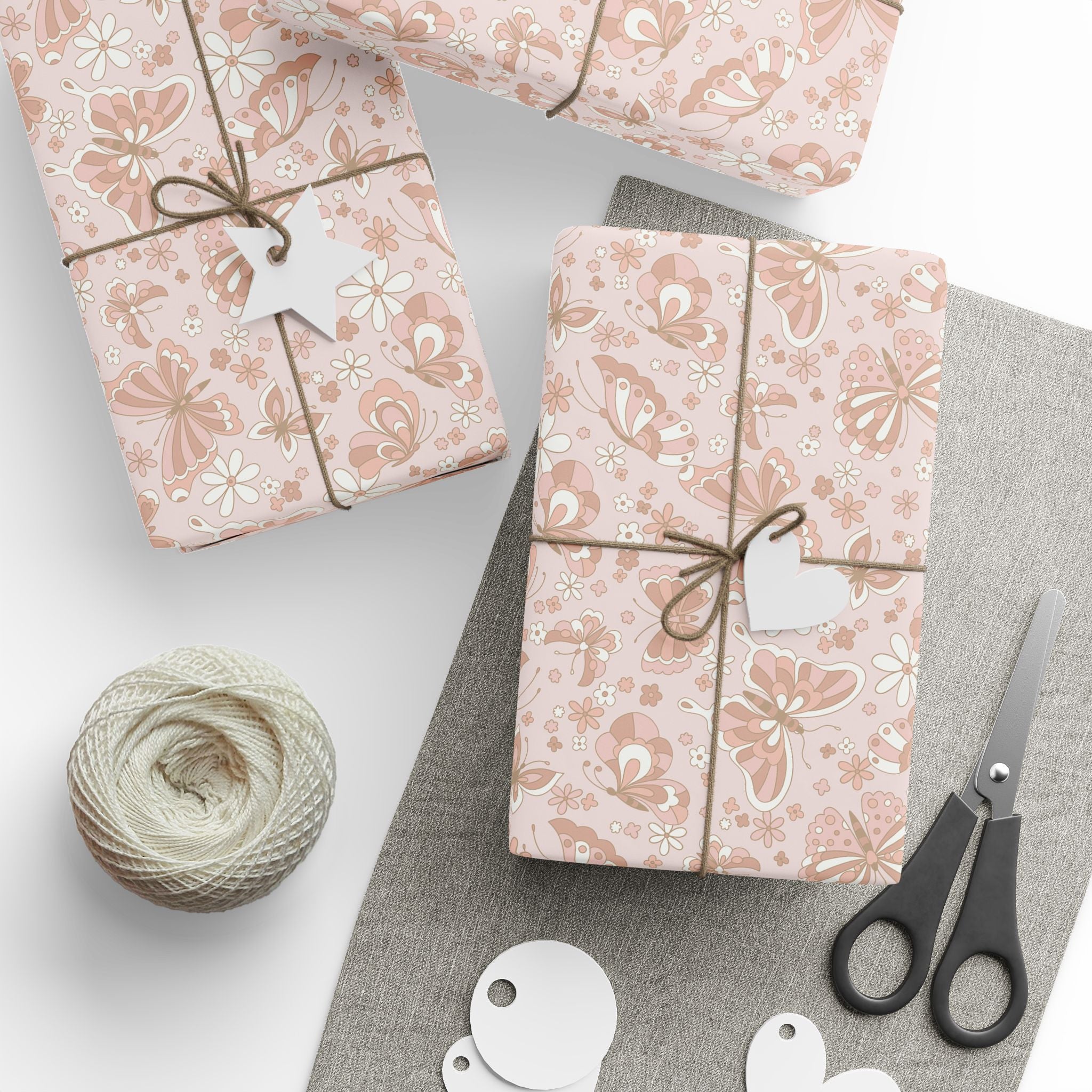 Retro Butterflies Wrapping Paper, Blush Pink Botanical Gift Wrapping for the Holidays, Birthdays