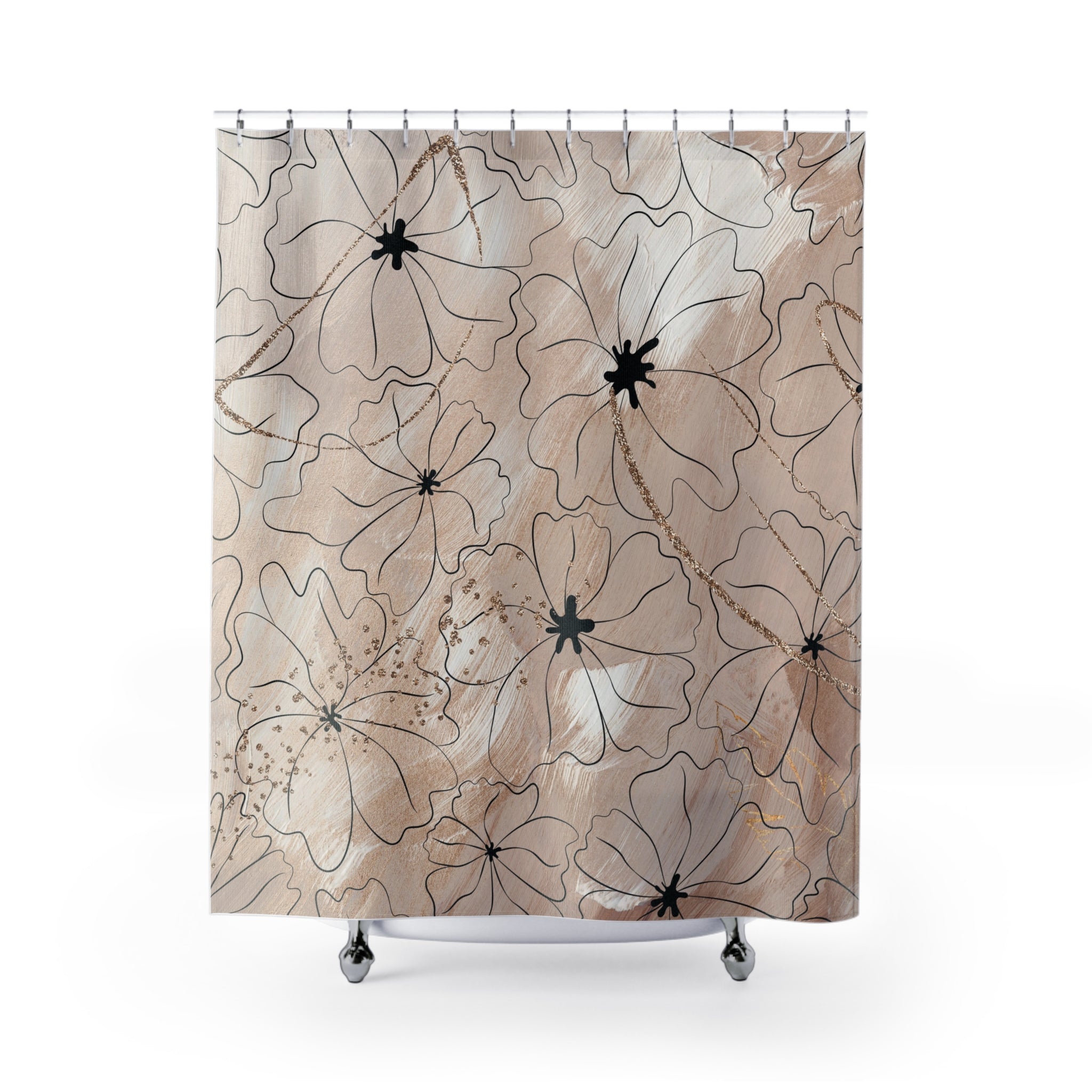 Boho Shower Curtain | Abstract Beige Floral Taupe Black Line Art
