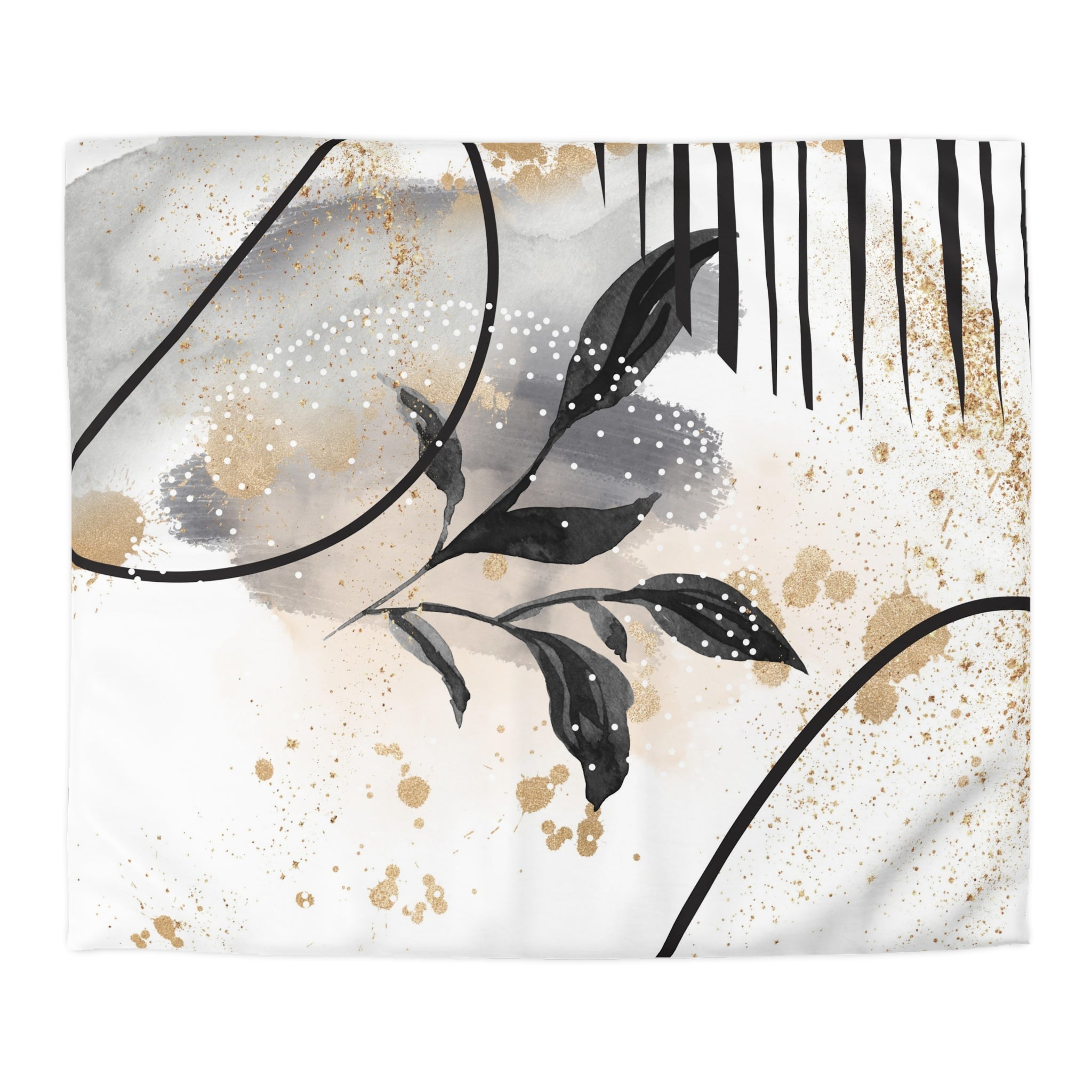 The image is a modern abstract art piece featuring a combination of black and white elements, including lines, splatters, and leaf-like shapes.