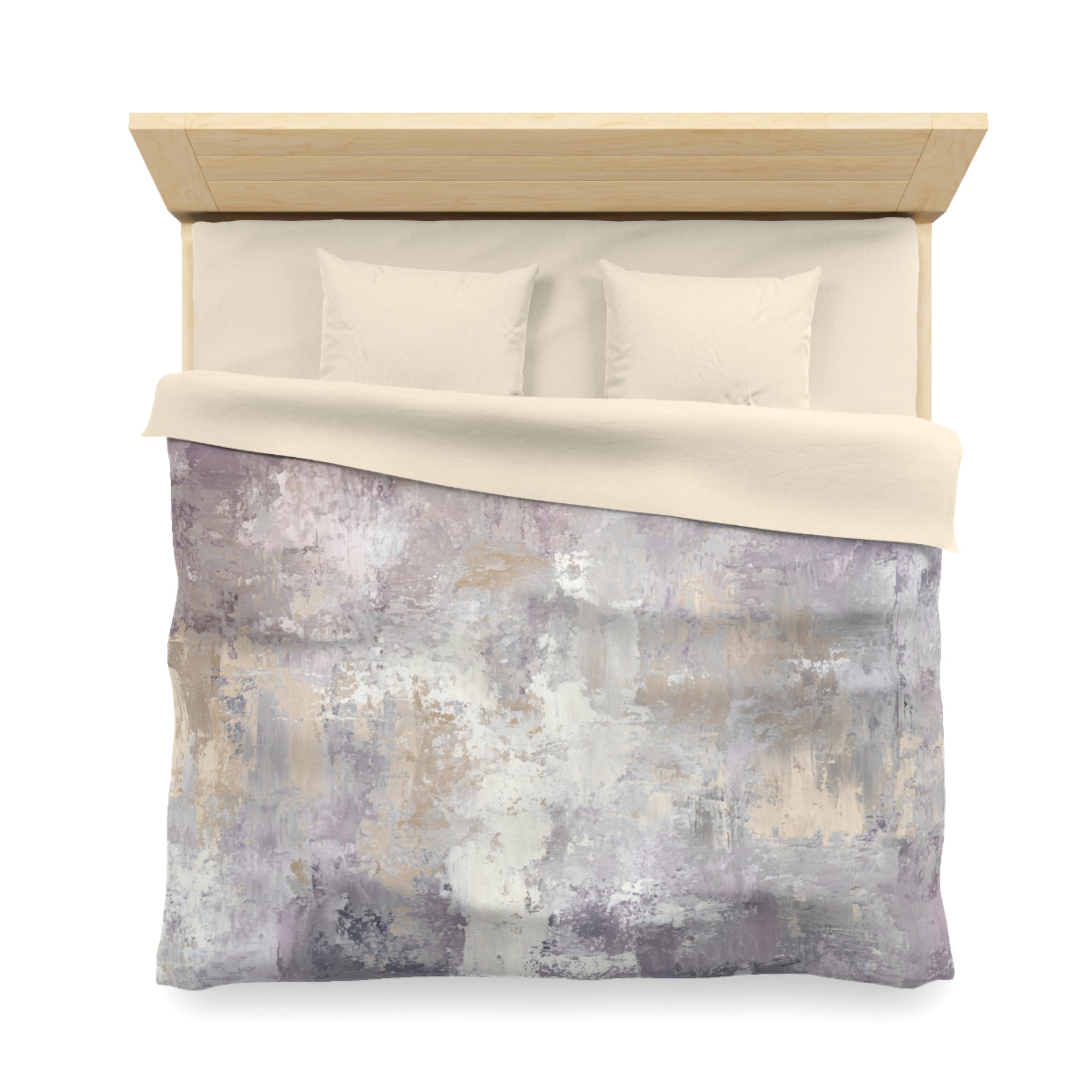 a bed with a wooden headboard and a comforter with a textured, abstract design in shades of gray and white.