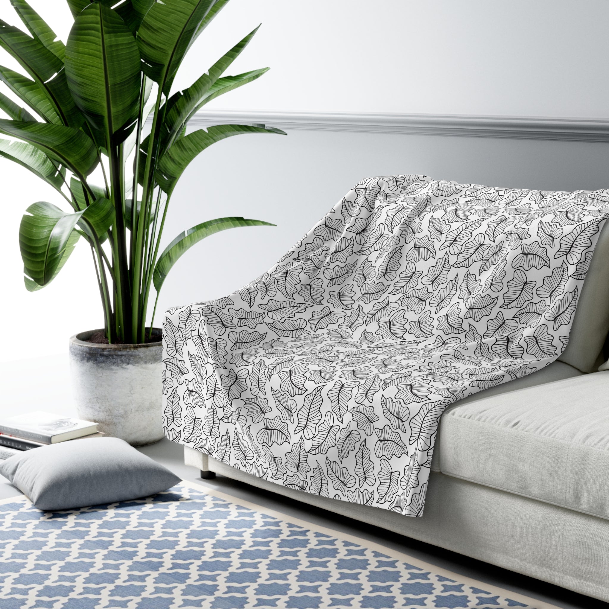 Abstract Floral Throw Blanket | Black White Leaves Watercolor