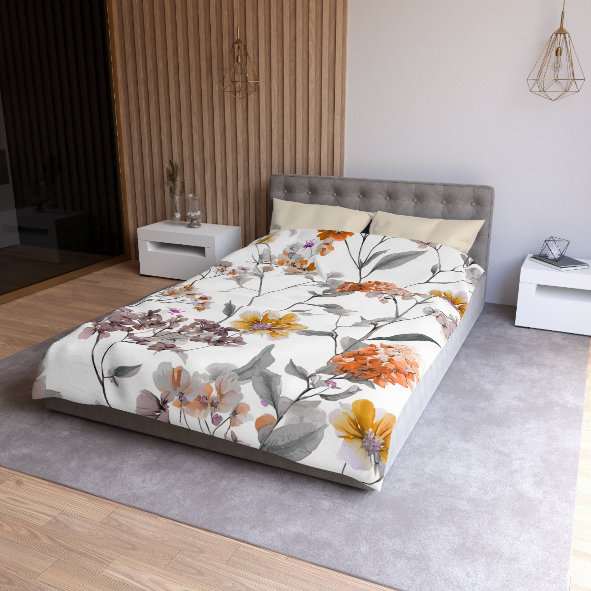 Floral Modern Duvet, Pillow Cover | White Orange Bedroom Decor