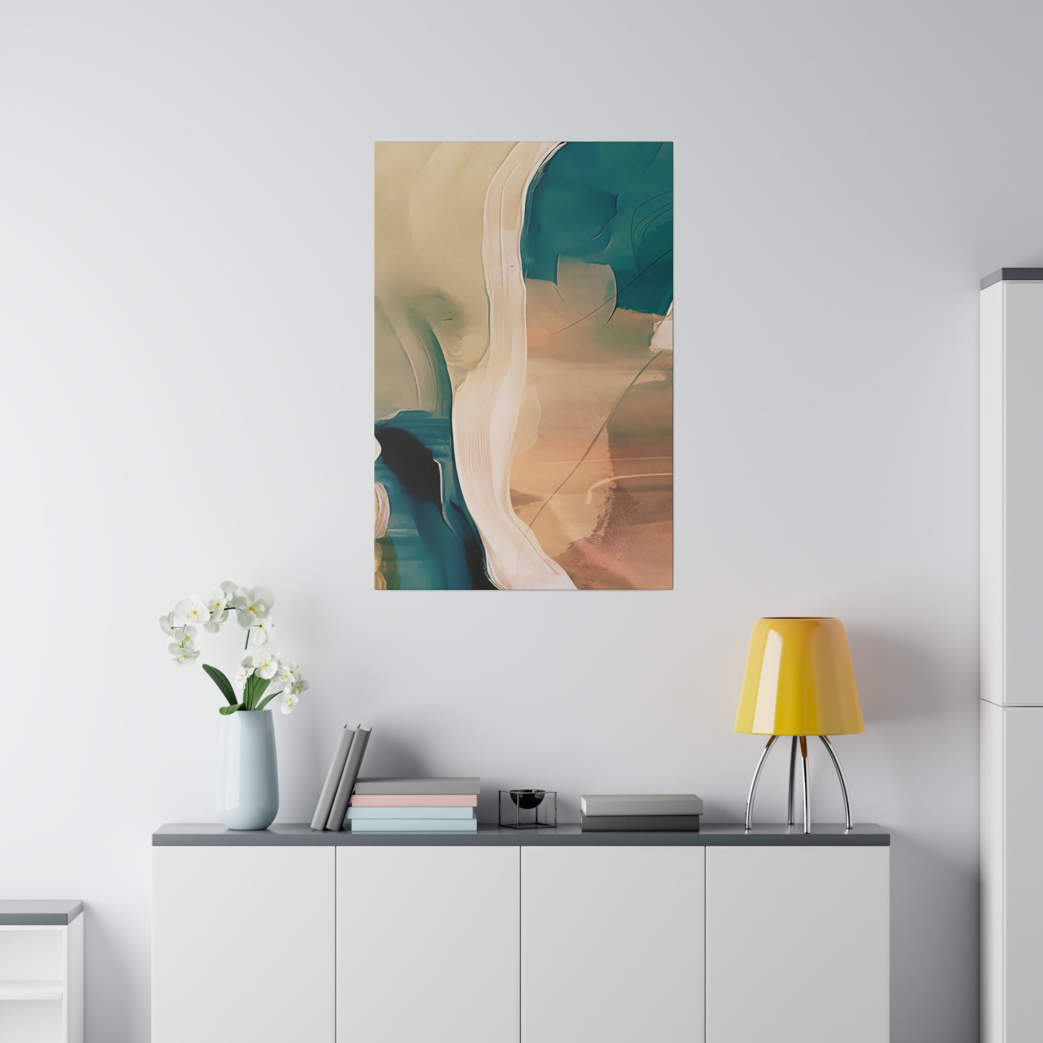Earthy beige and teal abstract canvas wall art hung above a sofa