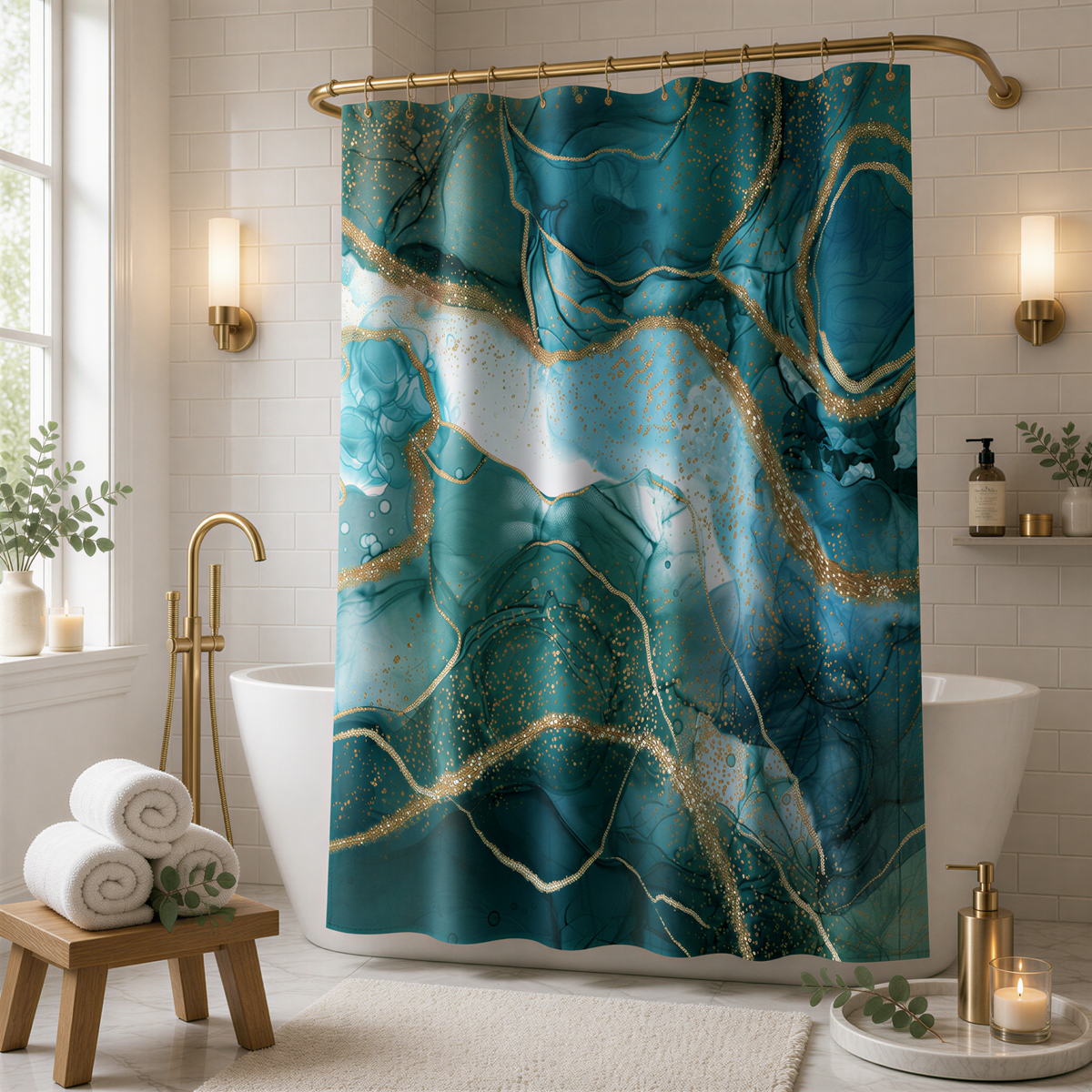 a luxurious bathroom with a large turquoise and gold marble shower curtain, a wooden stool, and a white bathtub. The shower curtain features a marble-like pattern with gold accents, creating a striking and elegant design.