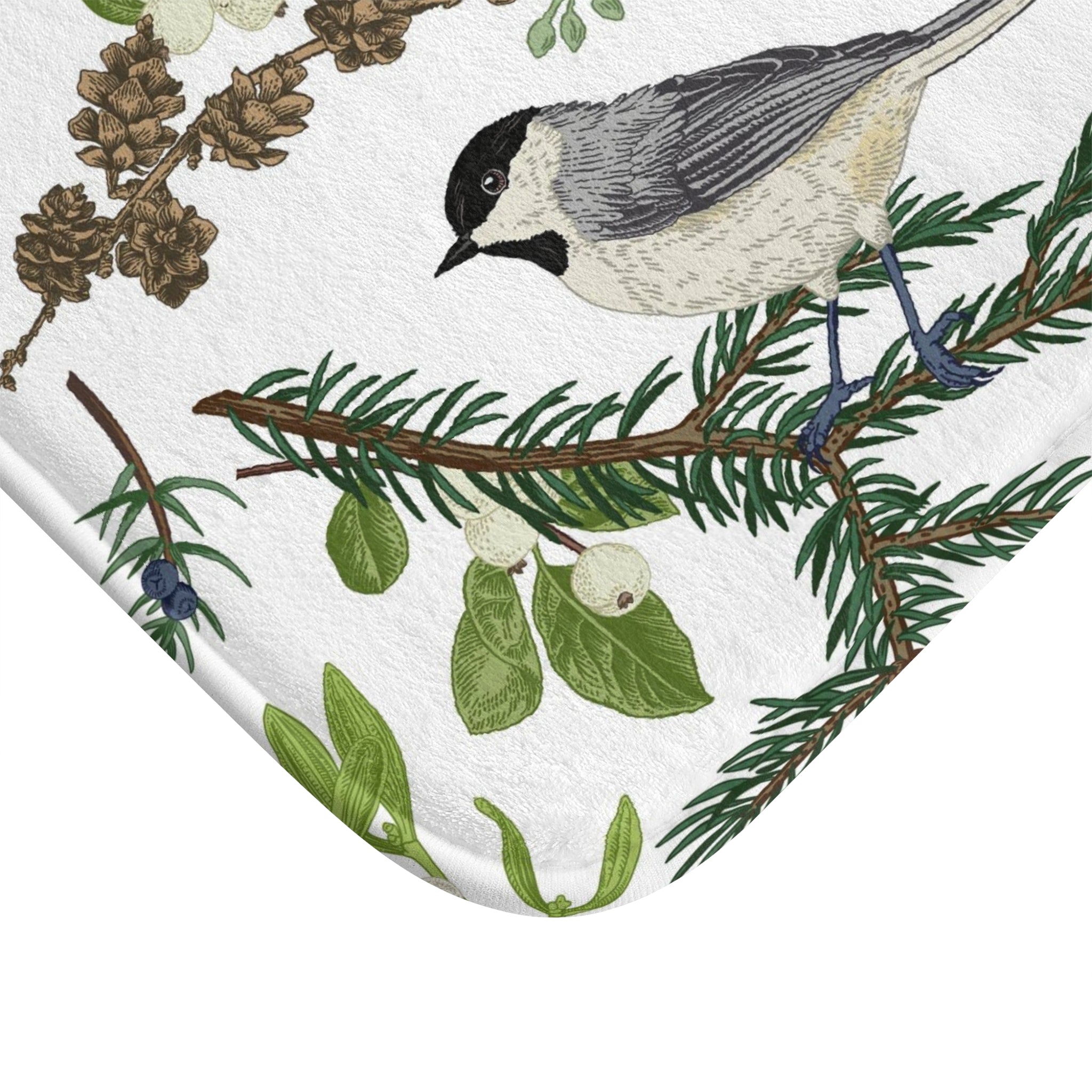 Nature Bath Mat, Kitchen Mat | White Green, Bird Nature Floral