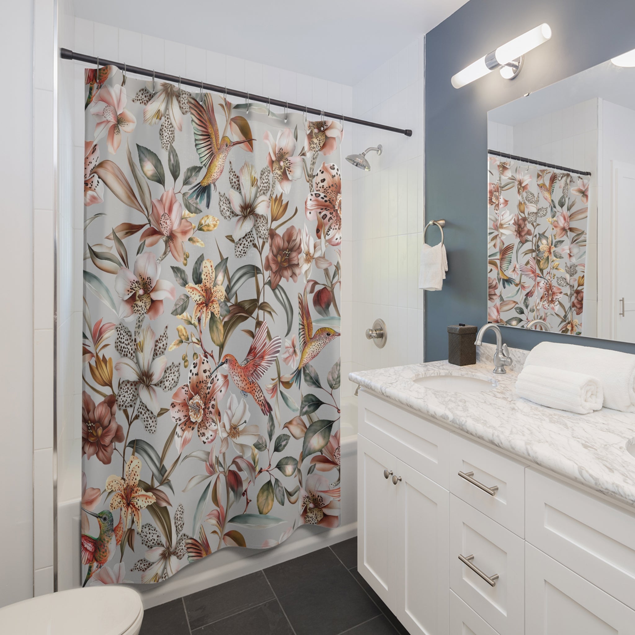Boho Shower Curtain | Tropical Colorful Florals, Birds Nature