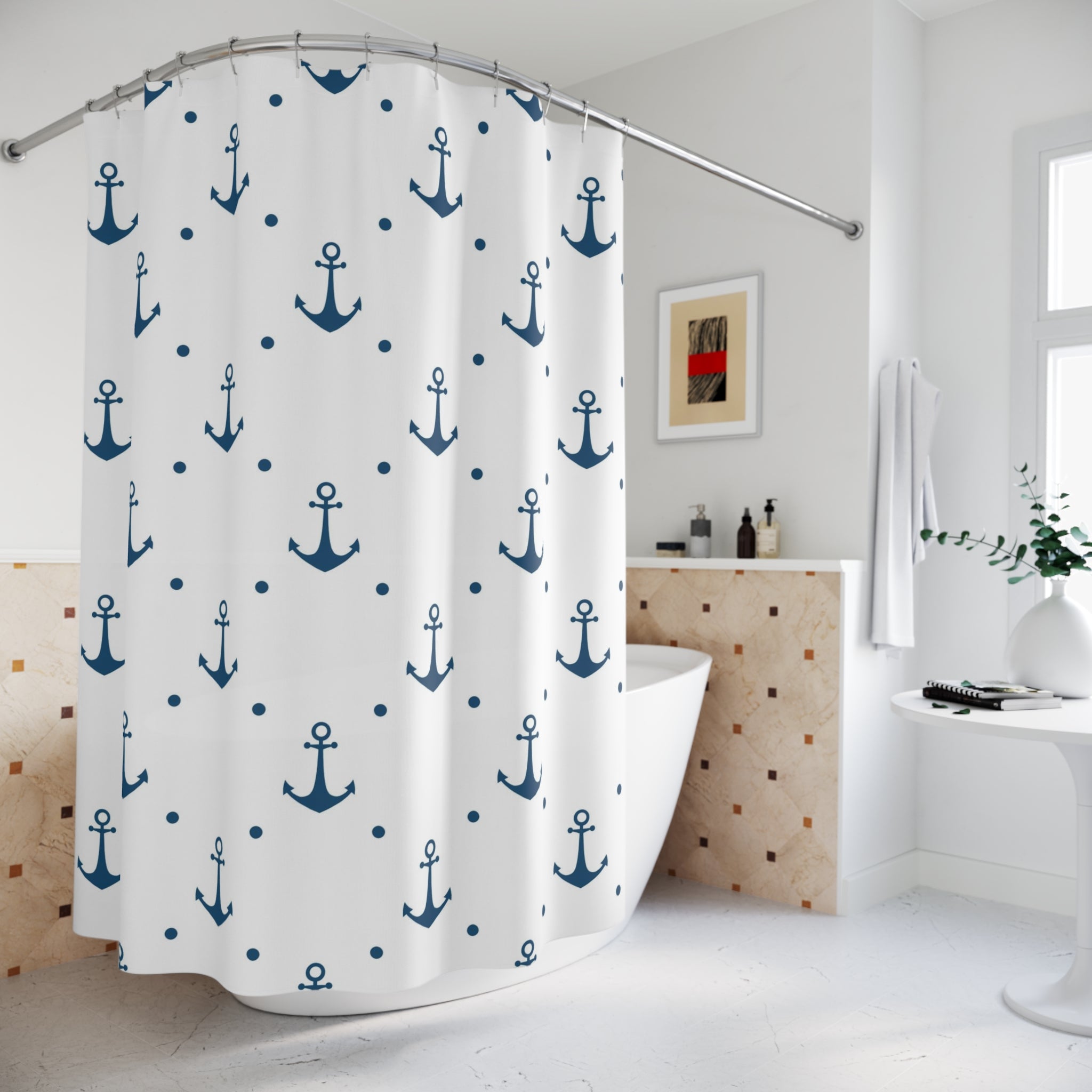 Ship Shower Curtain | Blue White Boat Anchor Curtain