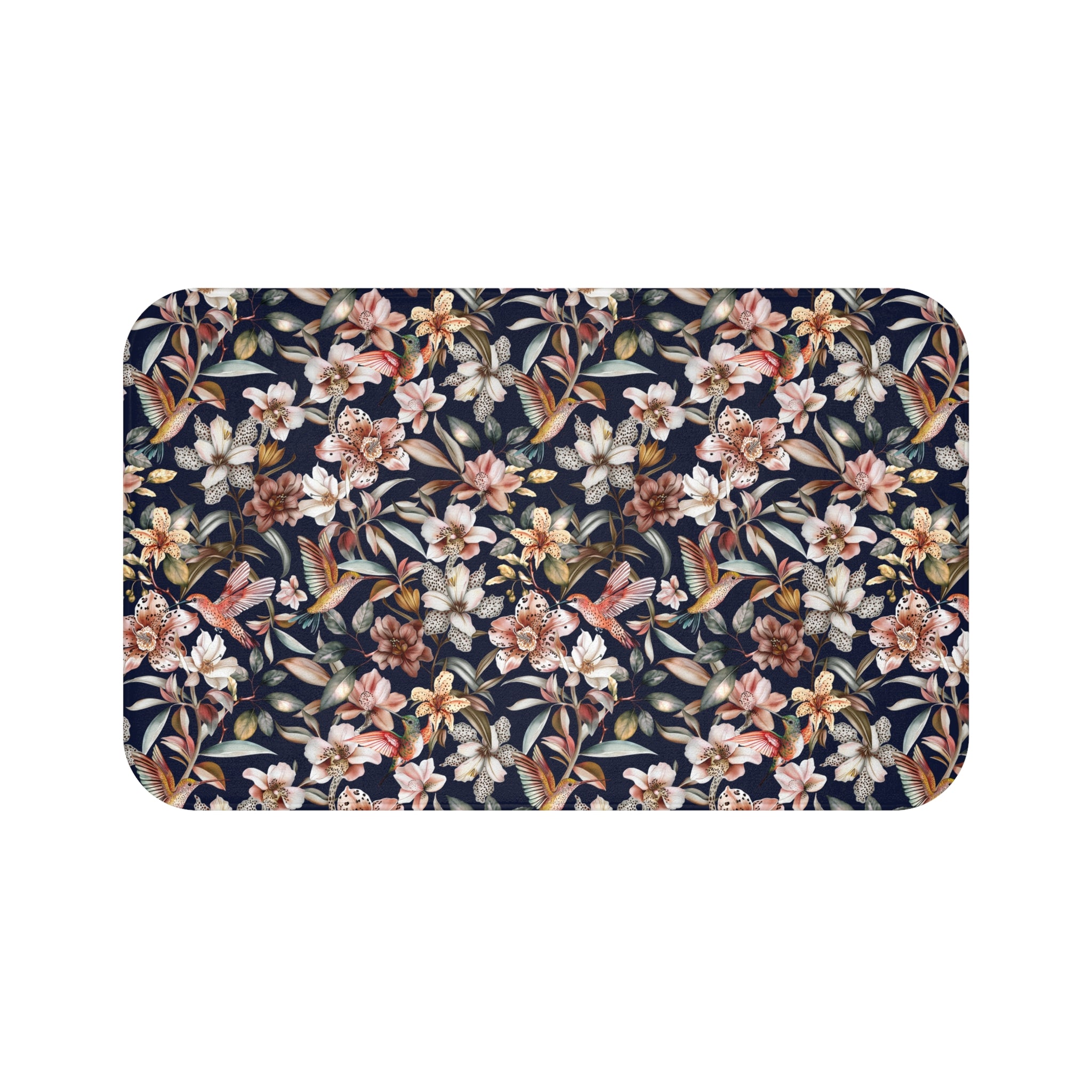 Exotic Tropical Bath Mat | Black Pink White Birds Nature Kitchen Mat
