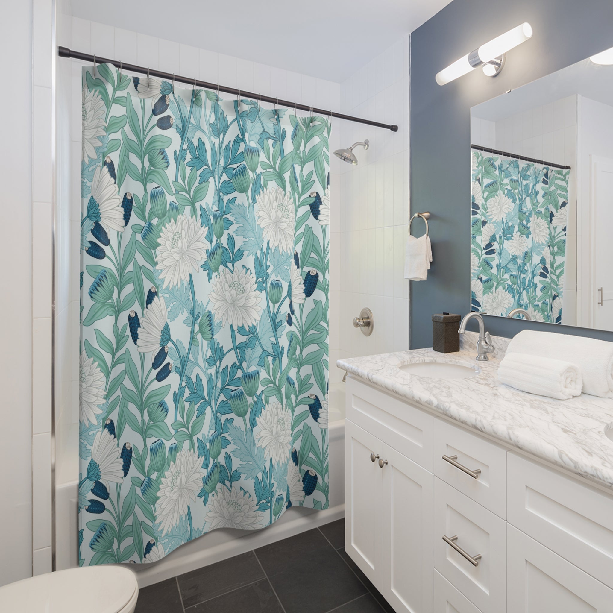 Modern Shower Curtain | Floral Blue, Green, White Bath Curtain