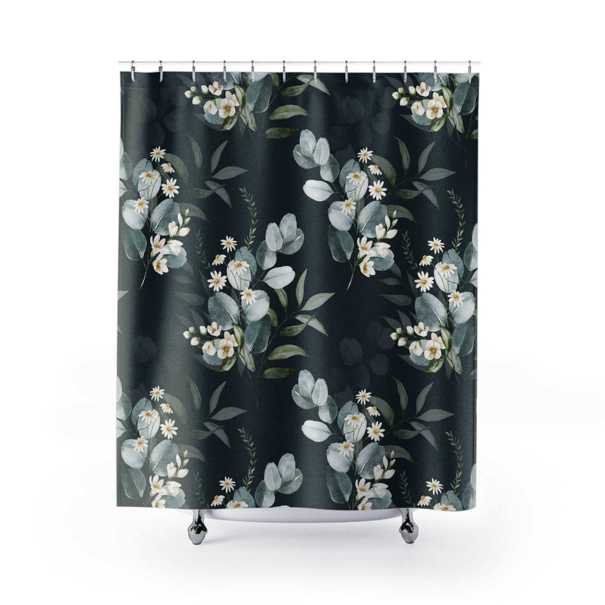 Moody Sage Eucalyptus Daisy Shower Curtain, Bath Curtain 71x74