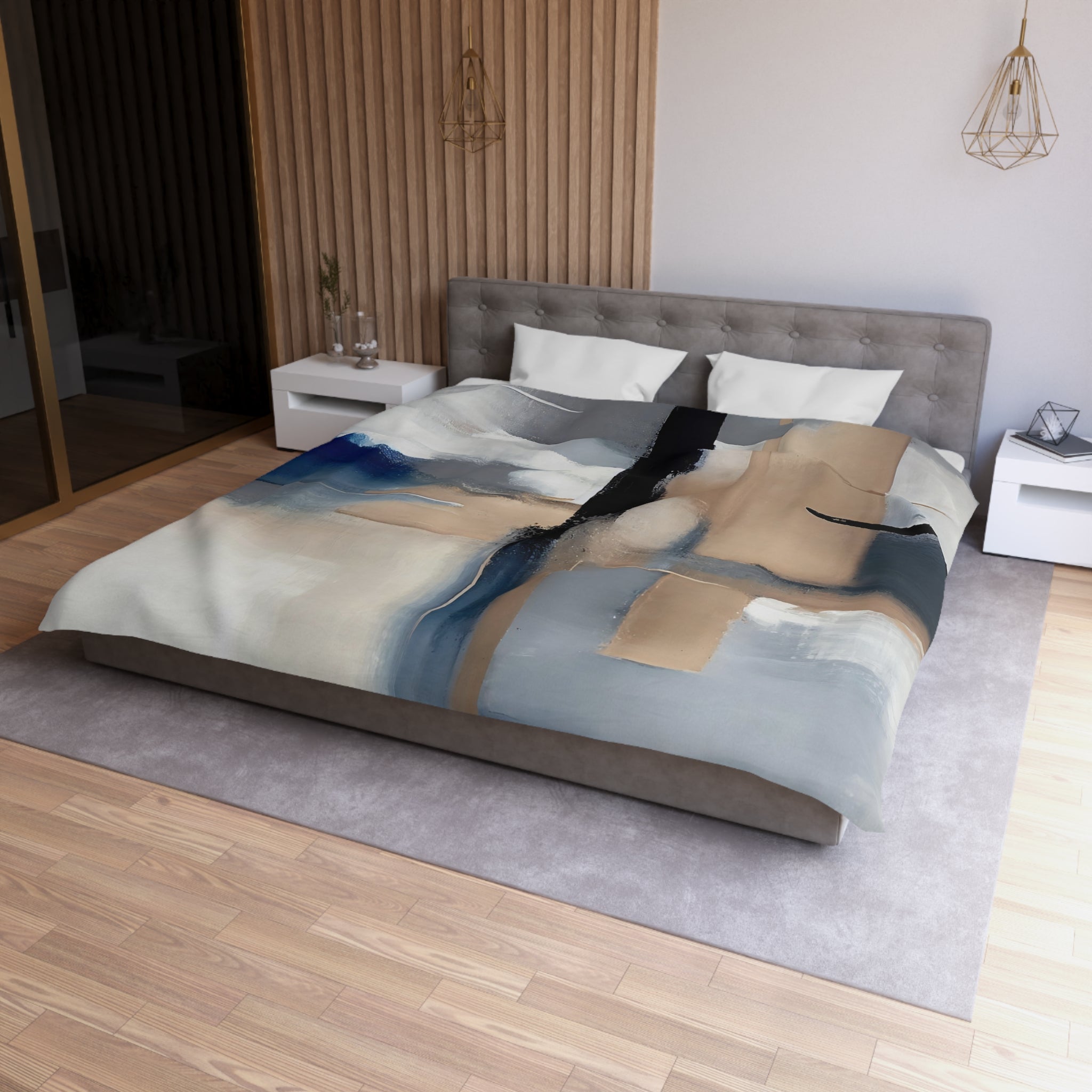 a modern bedroom with a large bed, a gray headboard, and a wooden wall. The bed is covered with a colorful abstract comforter, and there are two white nightstands on either side of the bed. The room has a wooden floor and a gray area rug, creating a cozy and stylish atmosphere.