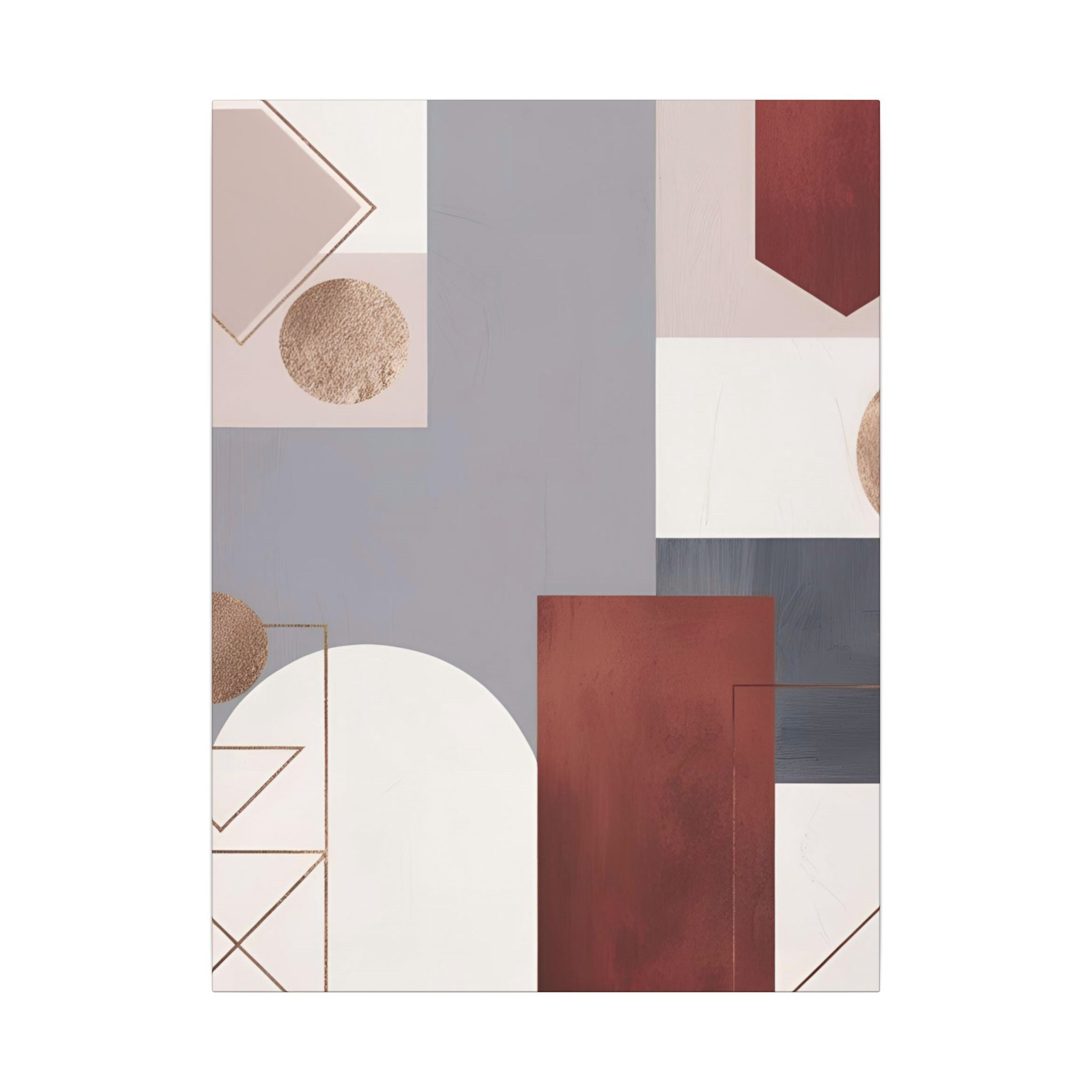 The image is a modern abstract art piece featuring a variety of geometric shapes and patterns in shades of gray, red, and white.
