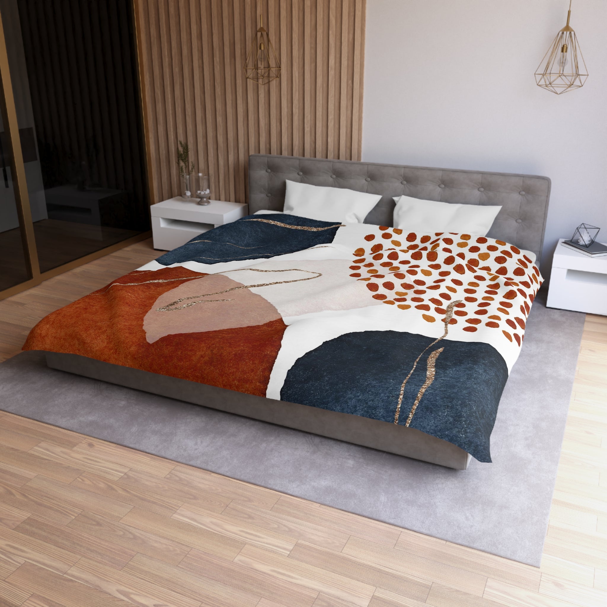 Abstract Duvet Cover | Rust Red, White, Navy Blue | Bedroom Decor