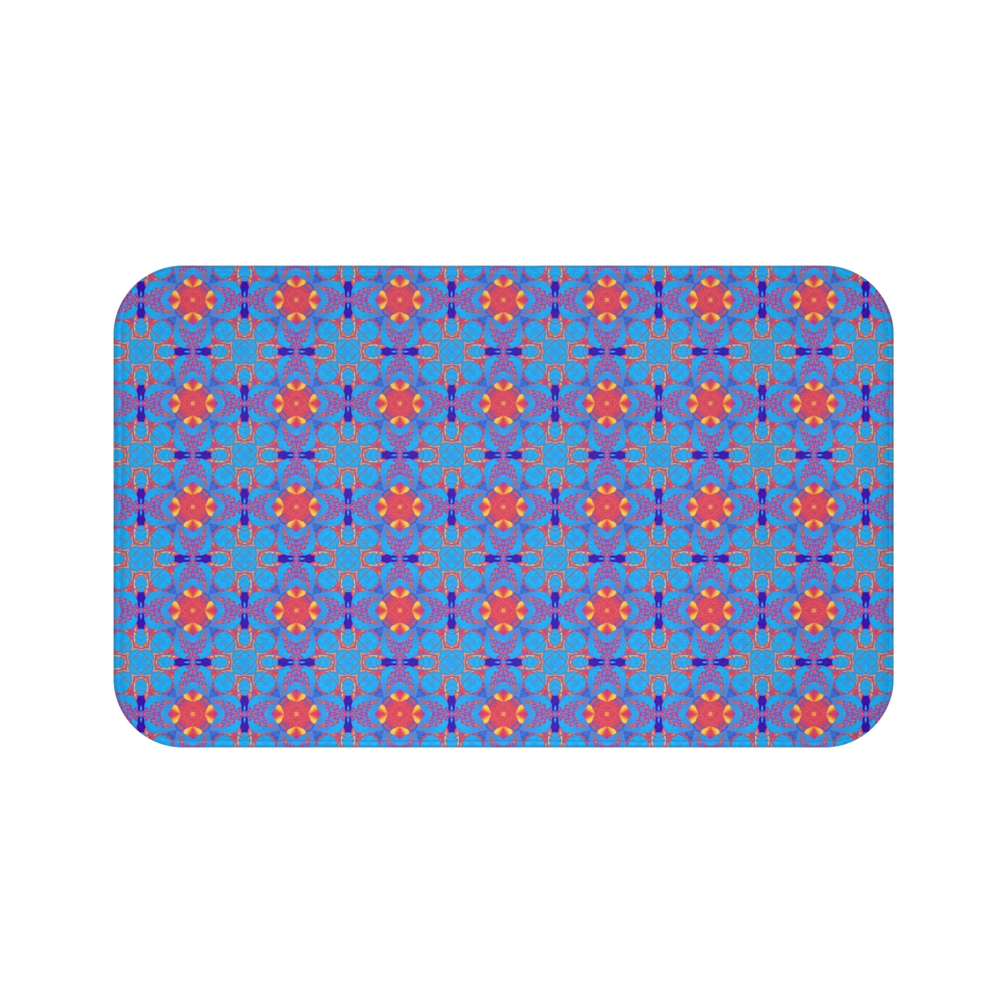 Boho Bath Mat | Blue Art Deco, Colorful Blue Red Kitchen Mat