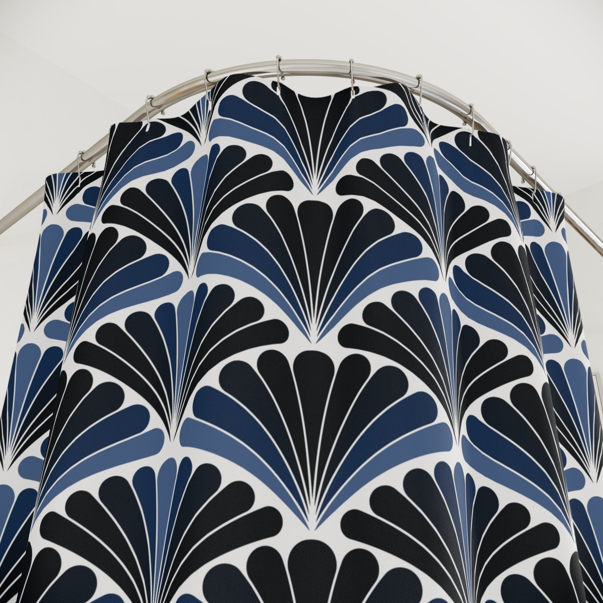 Art Deco Shower Curtain | Navy Blue White Fan Bathroom Decor