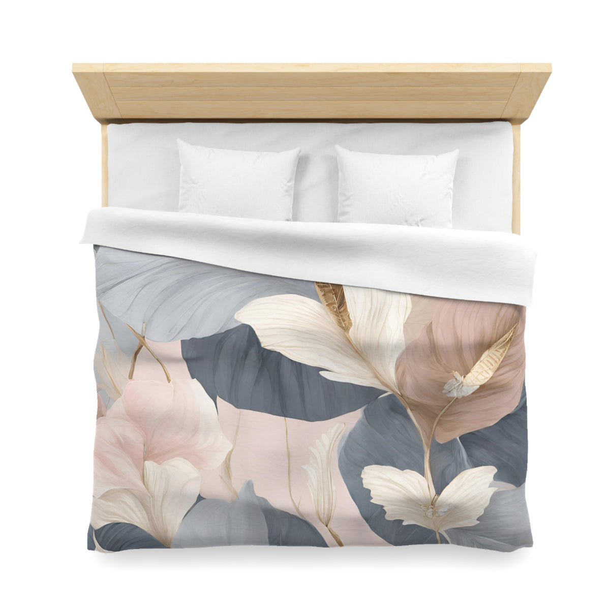 a bed with a floral print duvet cover featuring a combination of pink, blue, and white flowers and leaves.