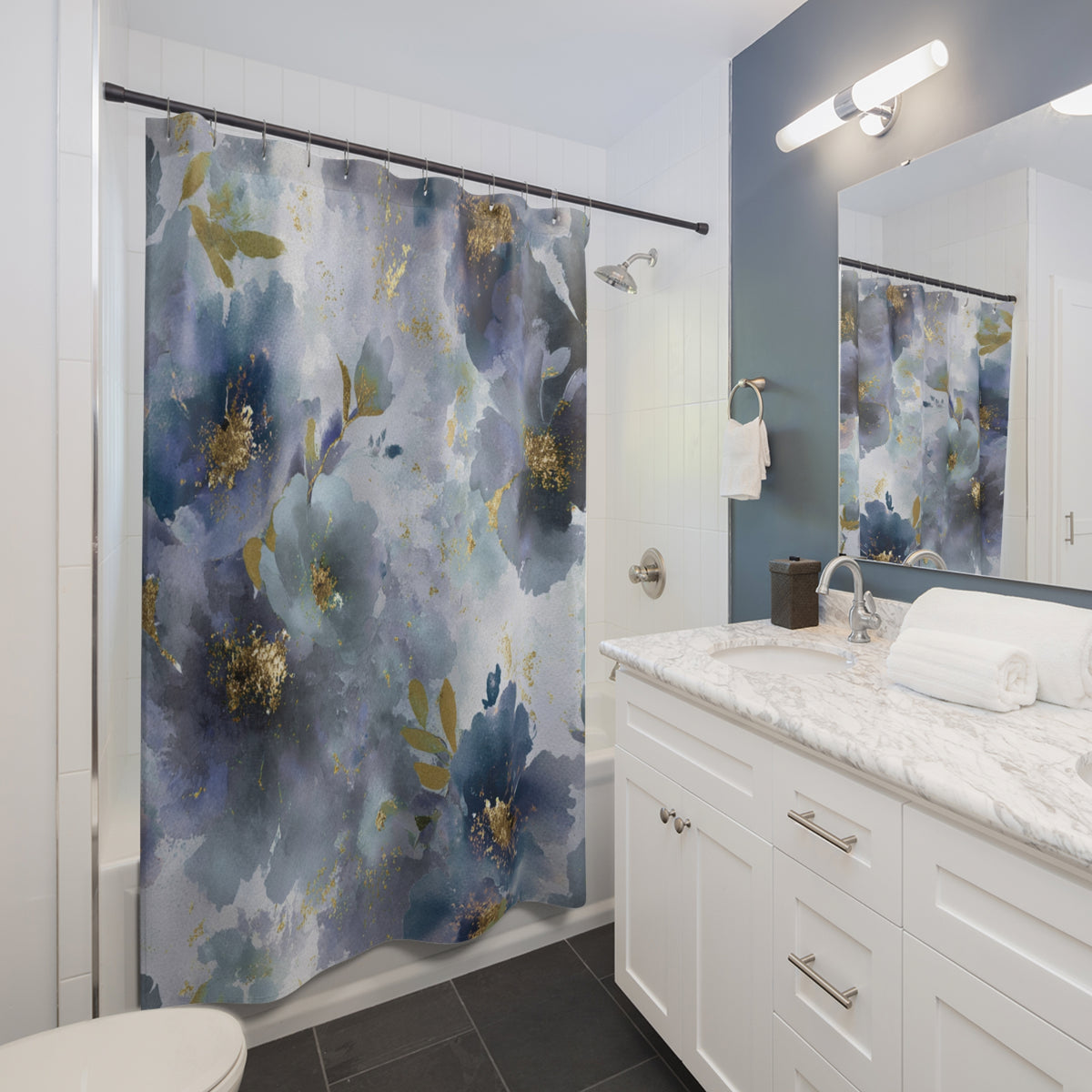 a modern bathroom with a white vanity, a large floral shower curtain, and a marble countertop.