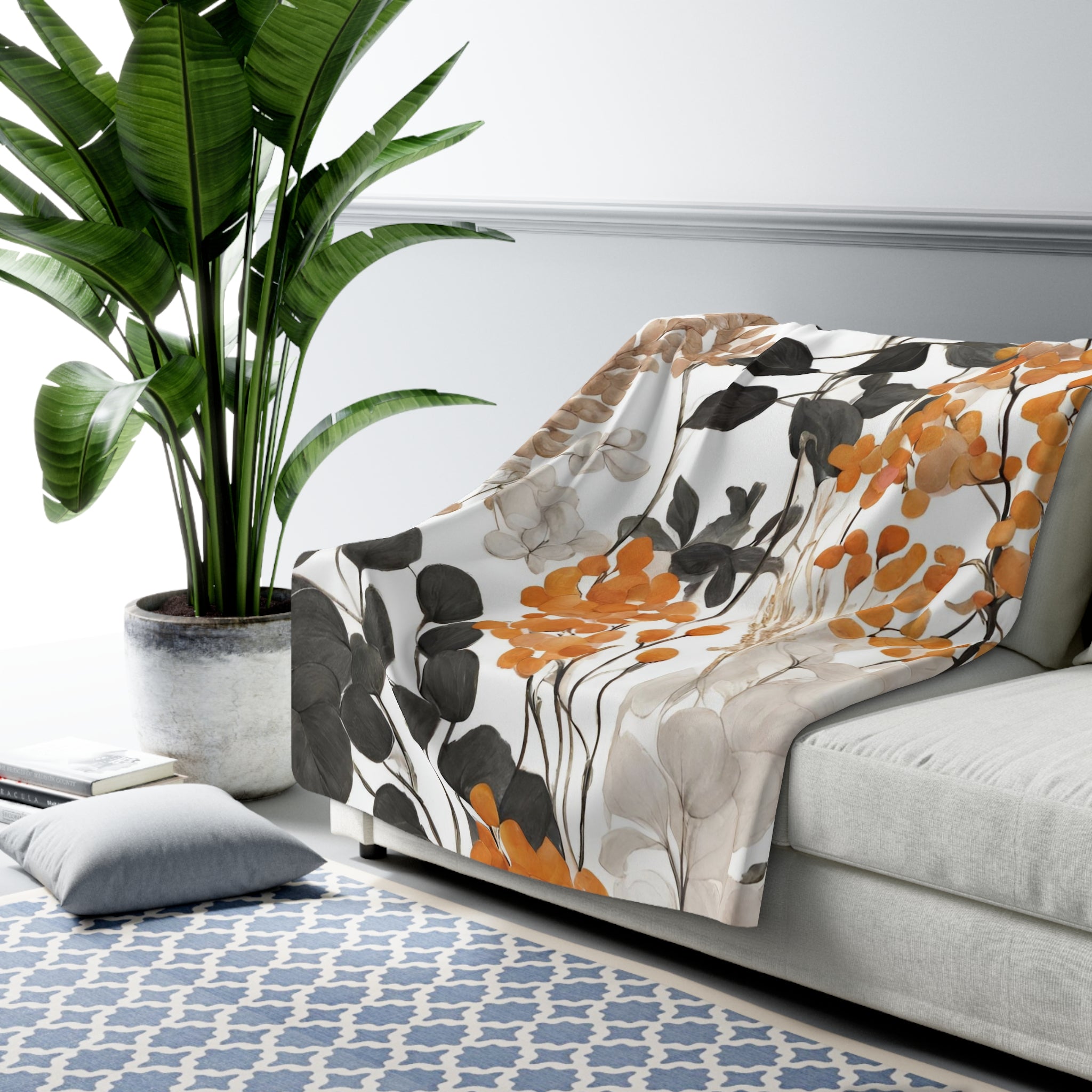 Floral Throw Blanket | Orange White, Dark Grey Wildflowers