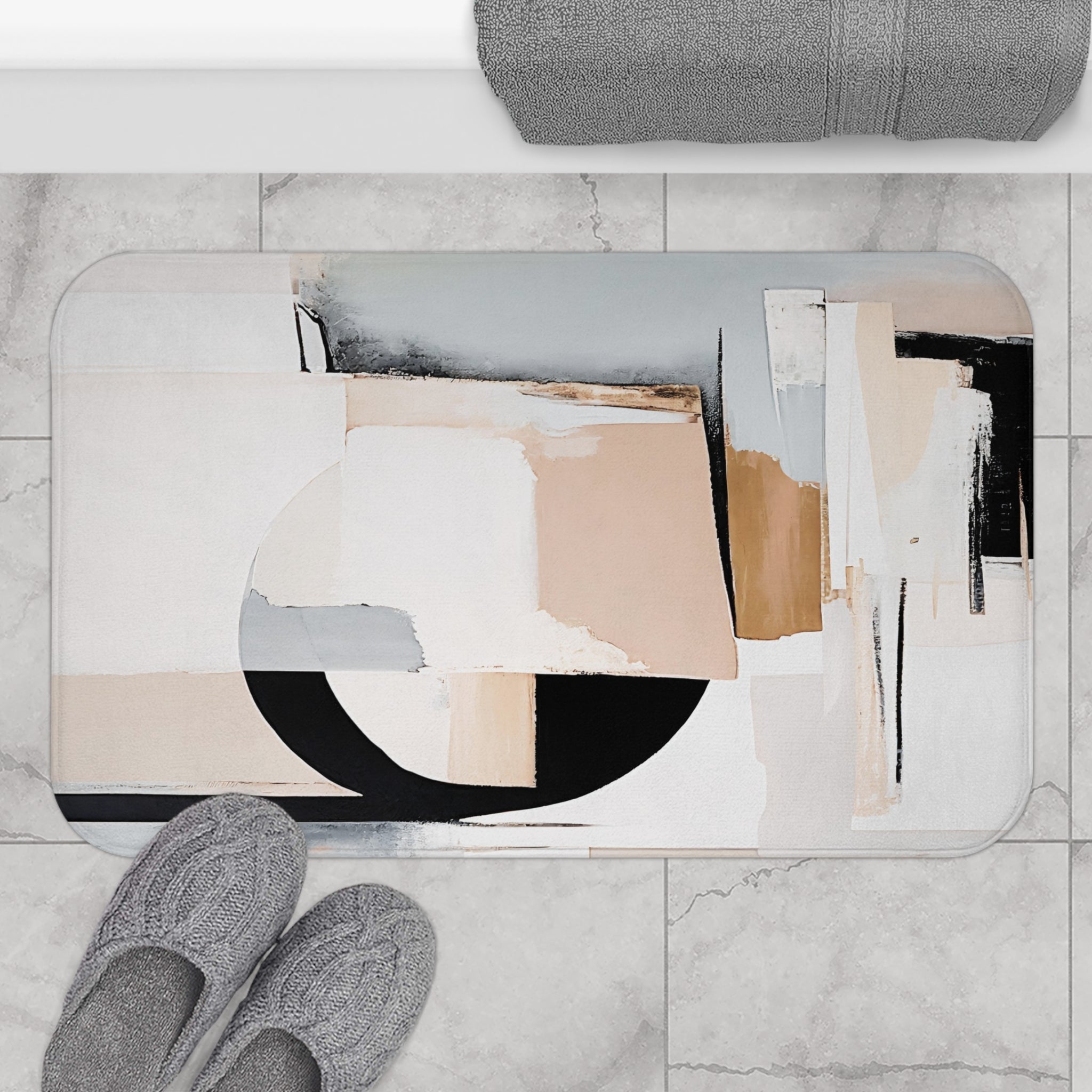Boho Kitchen, Bath Mat | Abstract Beige Grey Black White