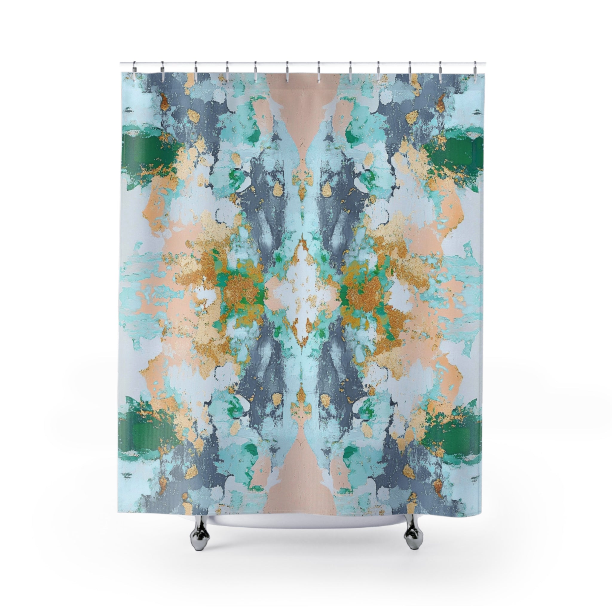Abstract Shower Curtain | Aesthetic Mirrored Art, Blue Blush Green