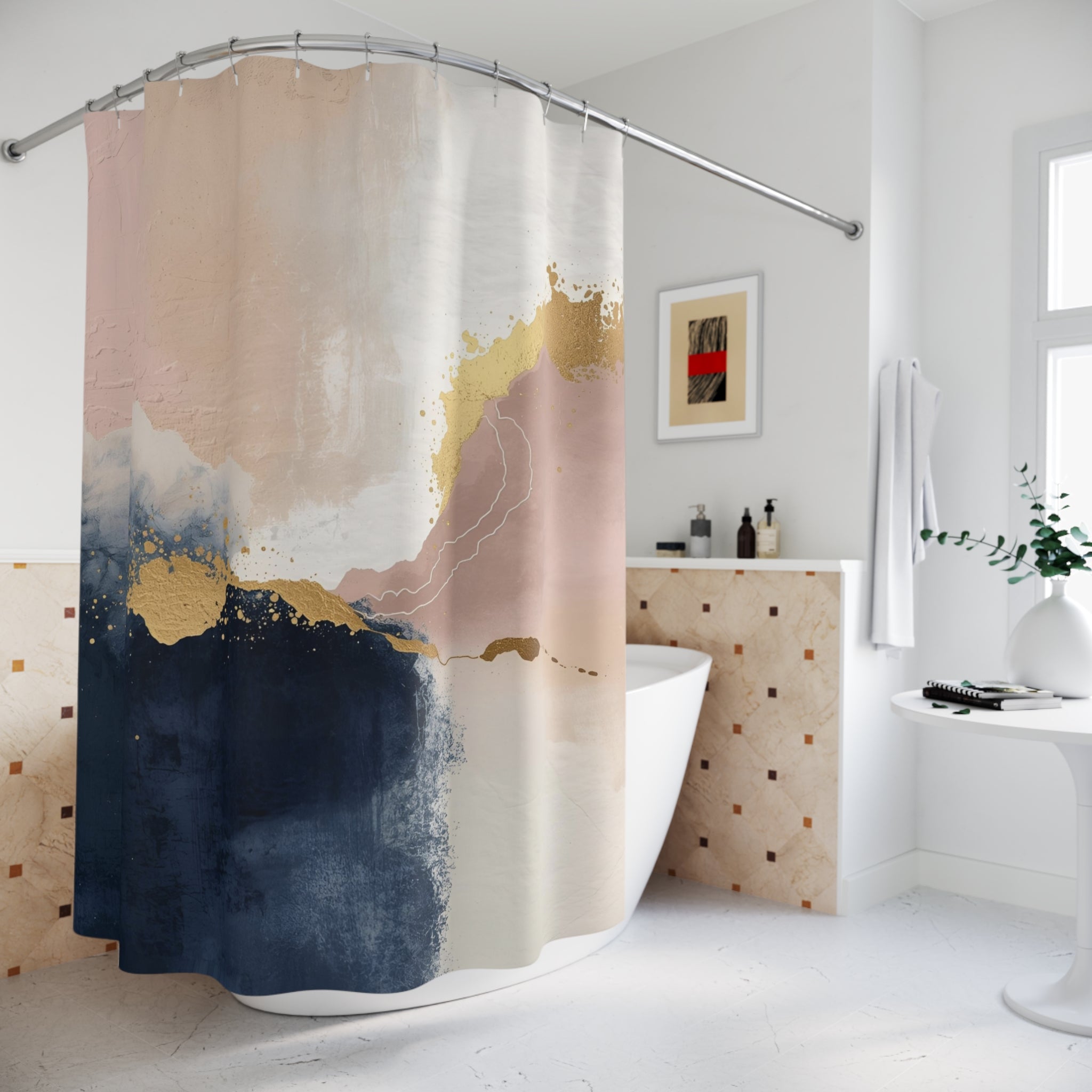 Boho Abstract Shower Curtain | Navy Blue, Blush White Watercolor