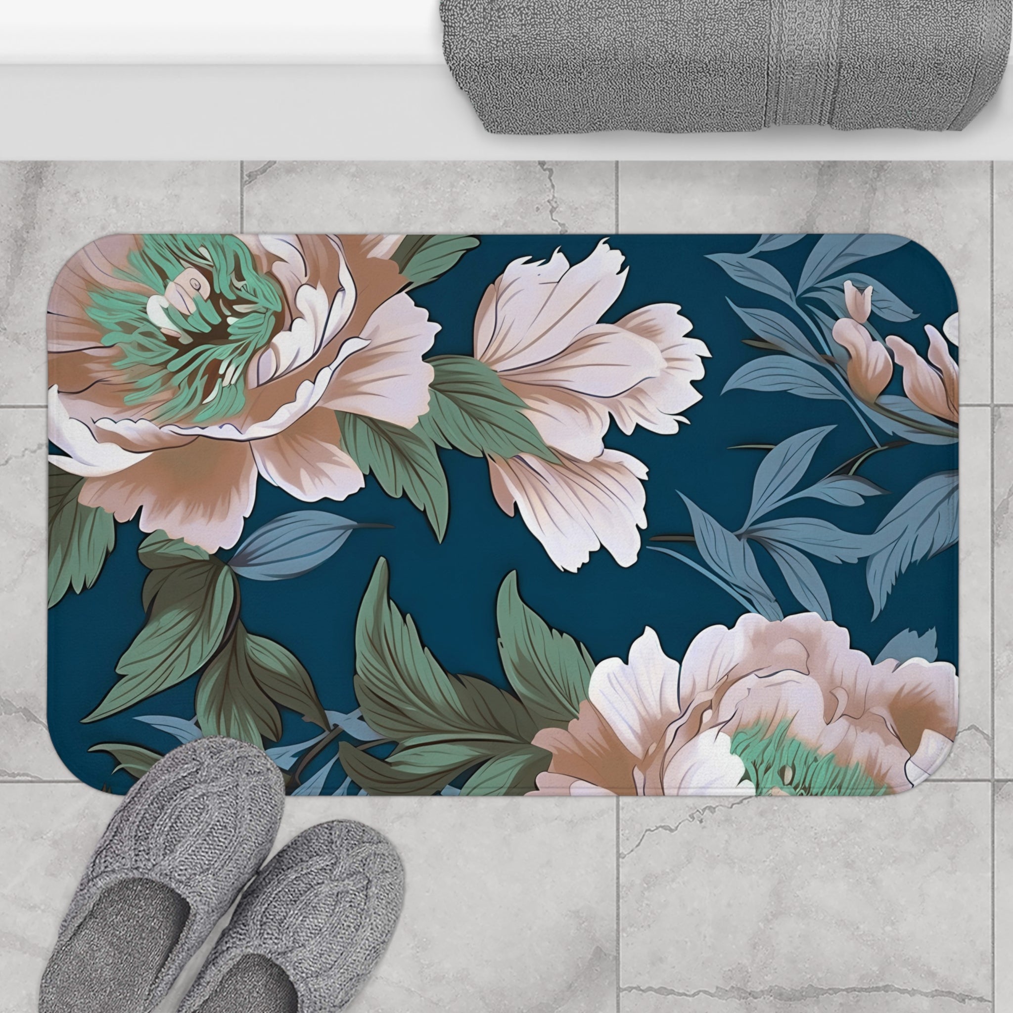 Boho Floral Bath Mat | Navy Blue, Blush Pink Green Kitchen Mat