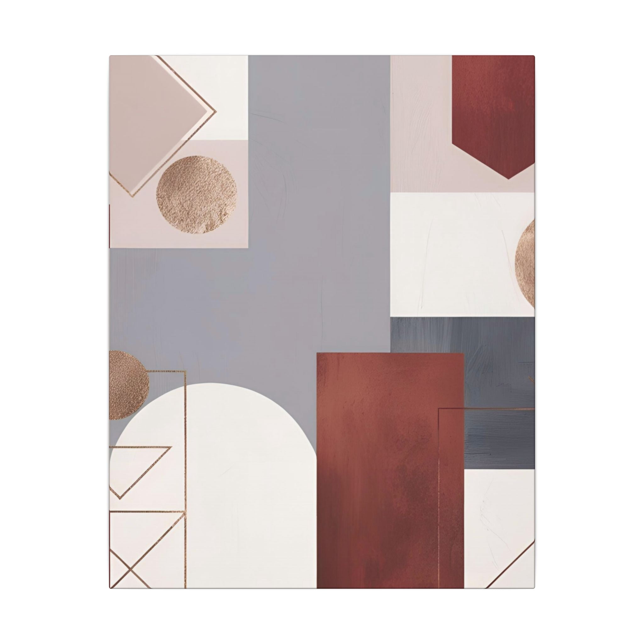 The image is a modern abstract art piece featuring a variety of geometric shapes and patterns in shades of gray, white, and burgundy.