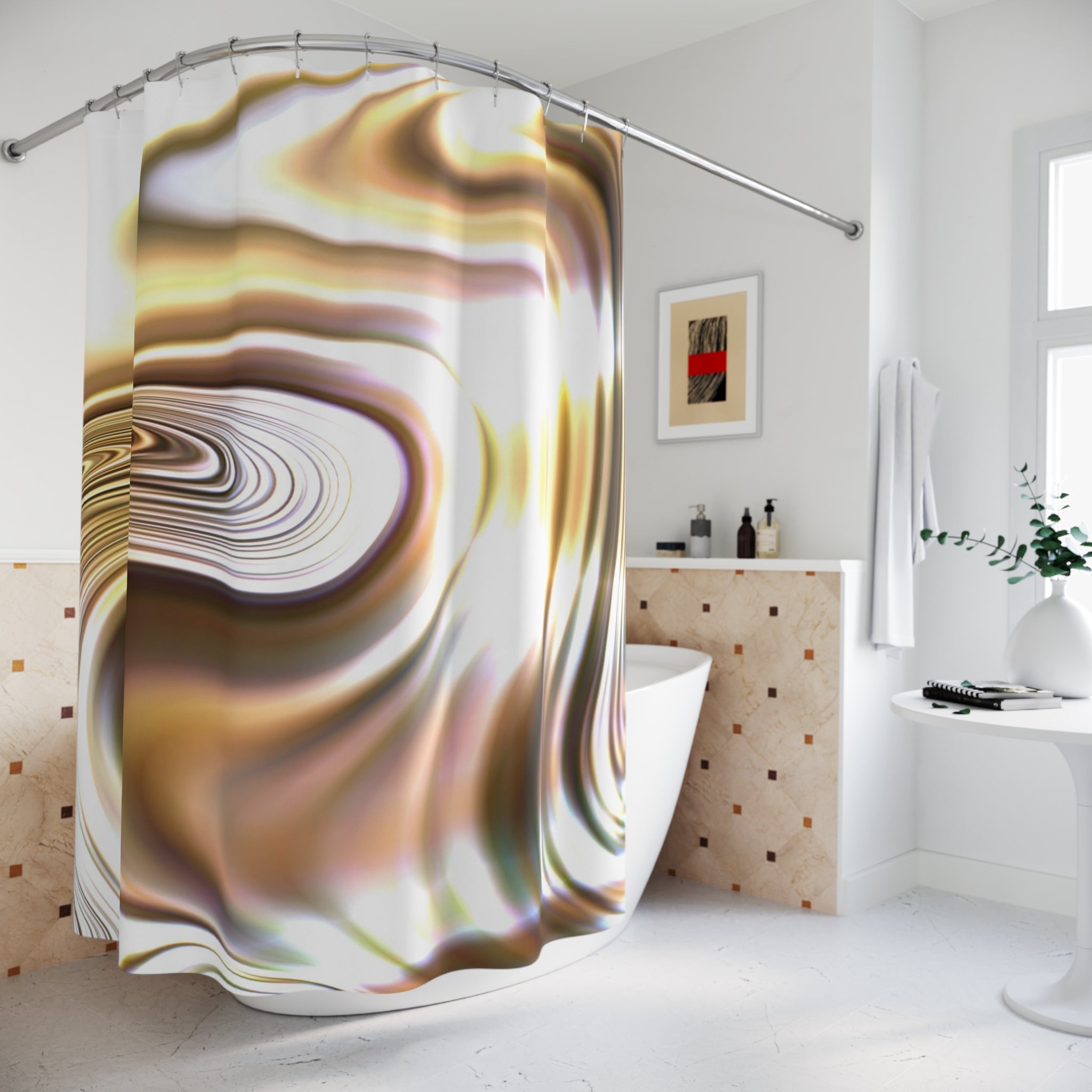 Boho Shower Curtain | Brown Beige, White Yellow