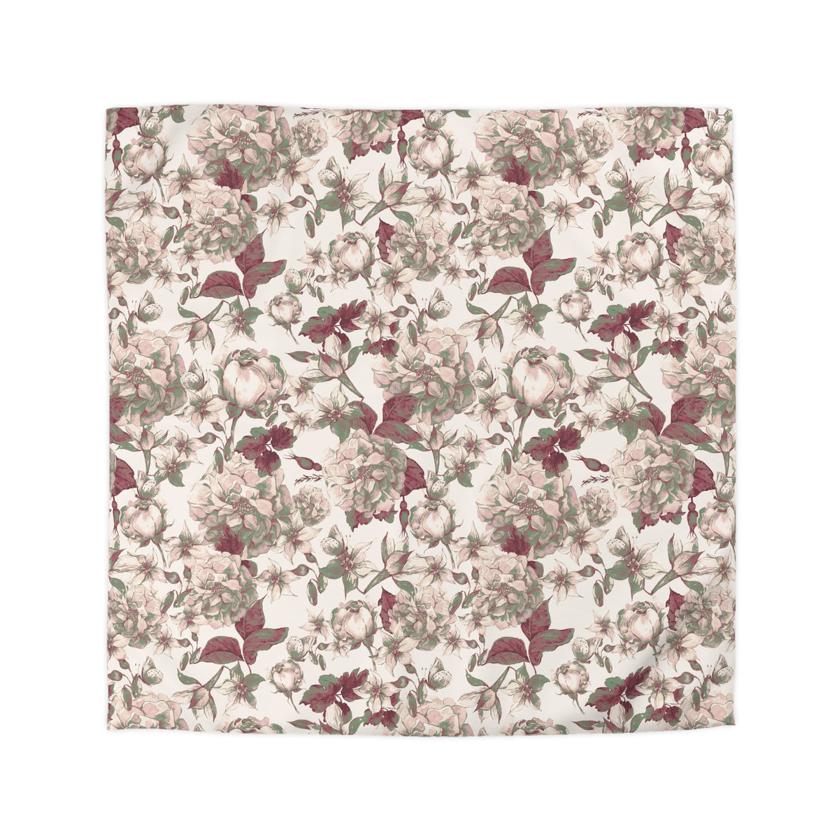 a square-shaped floral print with a repeating pattern of pink and green flowers and leaves.