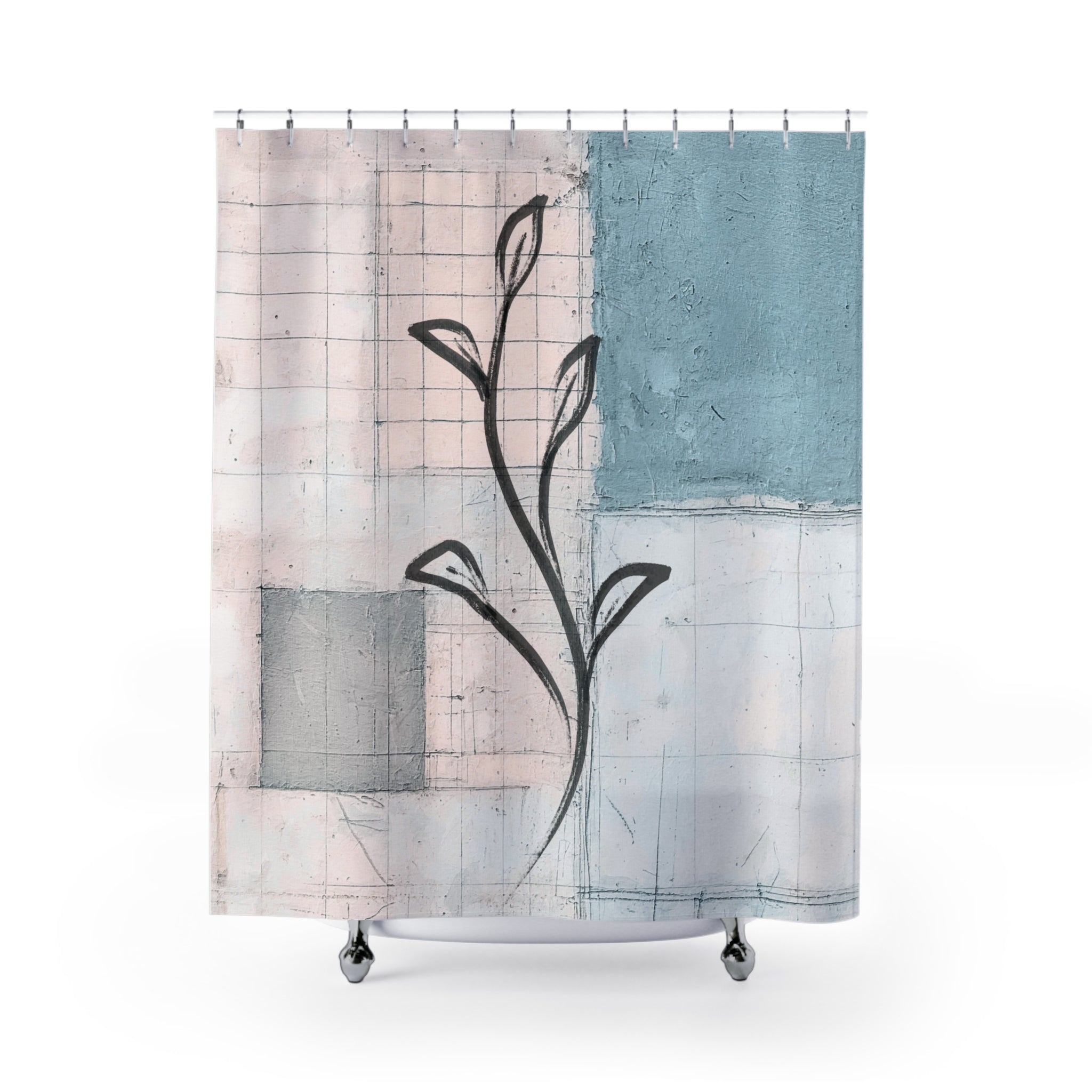Boho Shower Curtain | Abstract Art Pale Blue, Blush Pink Grey Minimalist