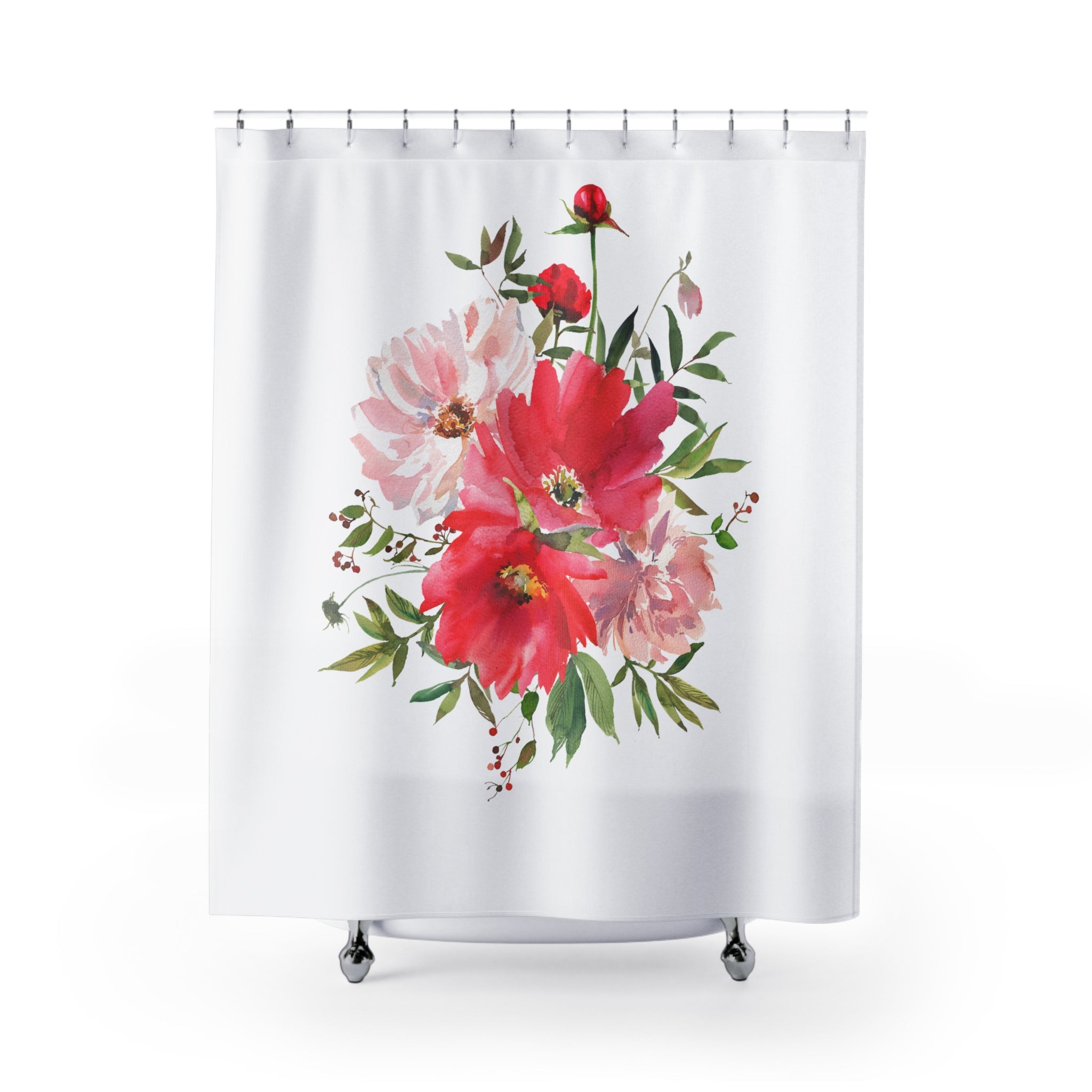 Modern Floral Shower Curtain | Red, Pink, Green Botanical