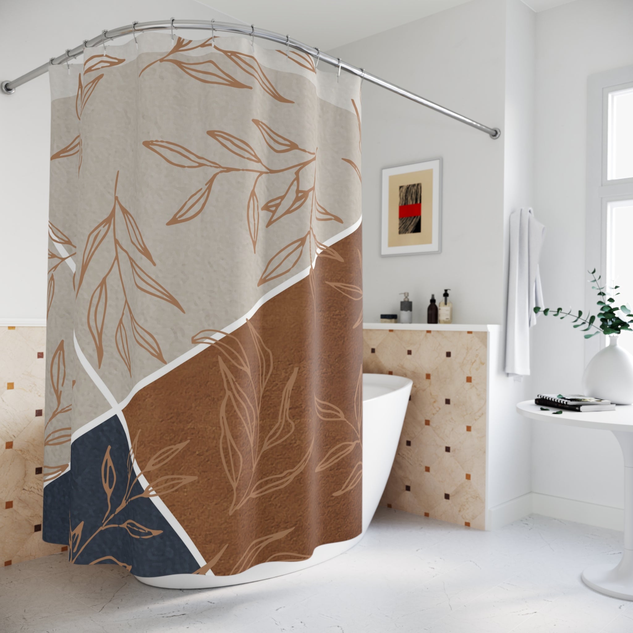 Boho Shower Curtain | Terracotta Leaves, Grey, Navy Blue