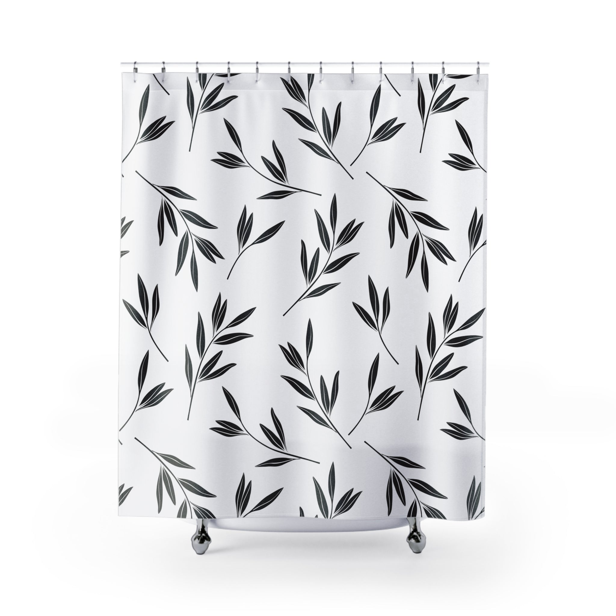 Black and White Botanical Shower Curtain, Flowy Polyester Bath Curtain 71x74