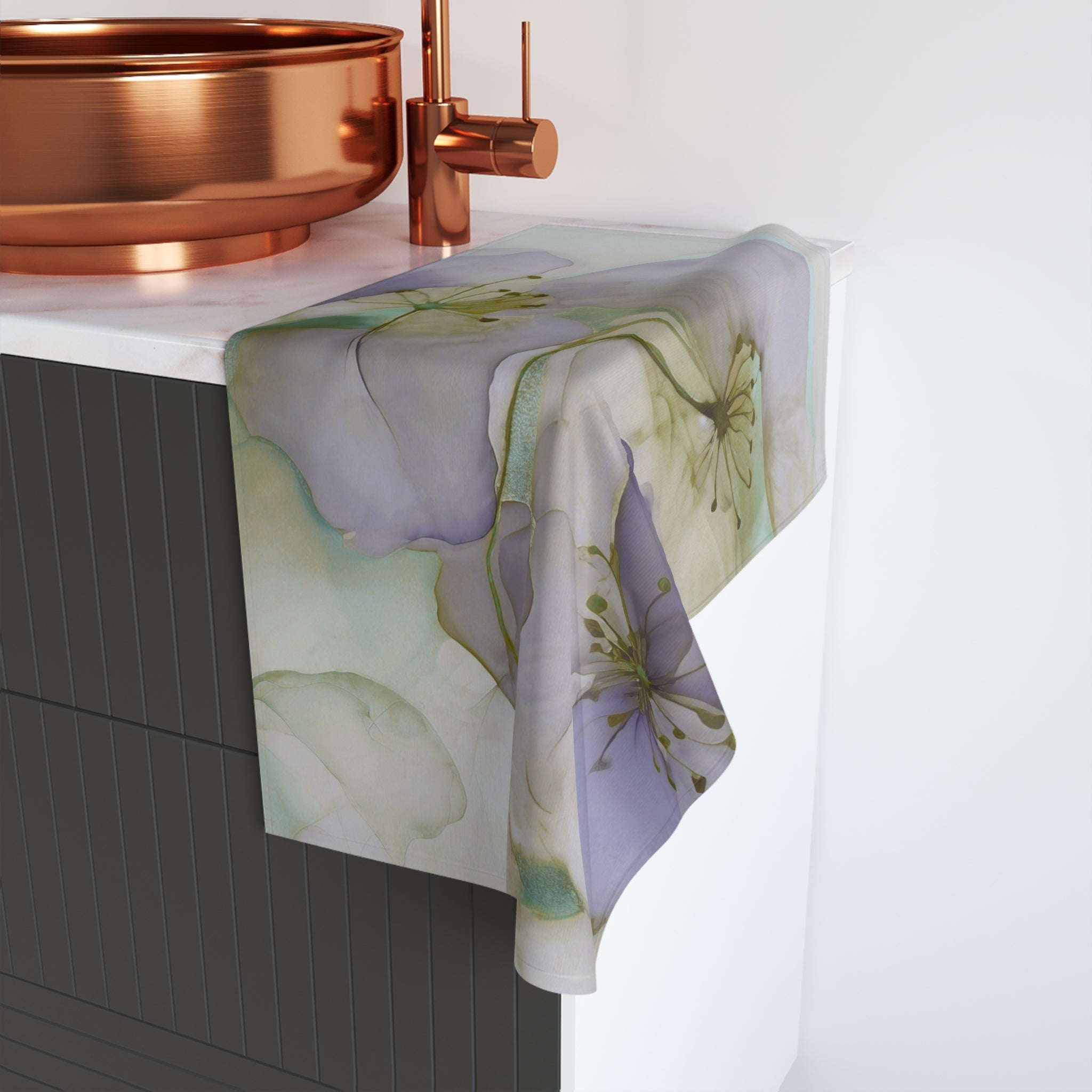 Abstract Kitchen, Hand Towel | Artsy Floral Lavender Purple, Sage Green Towel