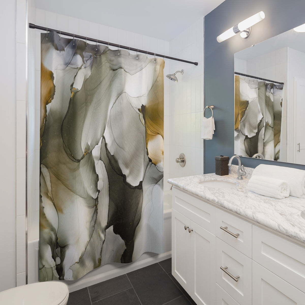 a modern bathroom with a white vanity, a large abstract shower curtain, and a marble countertop.