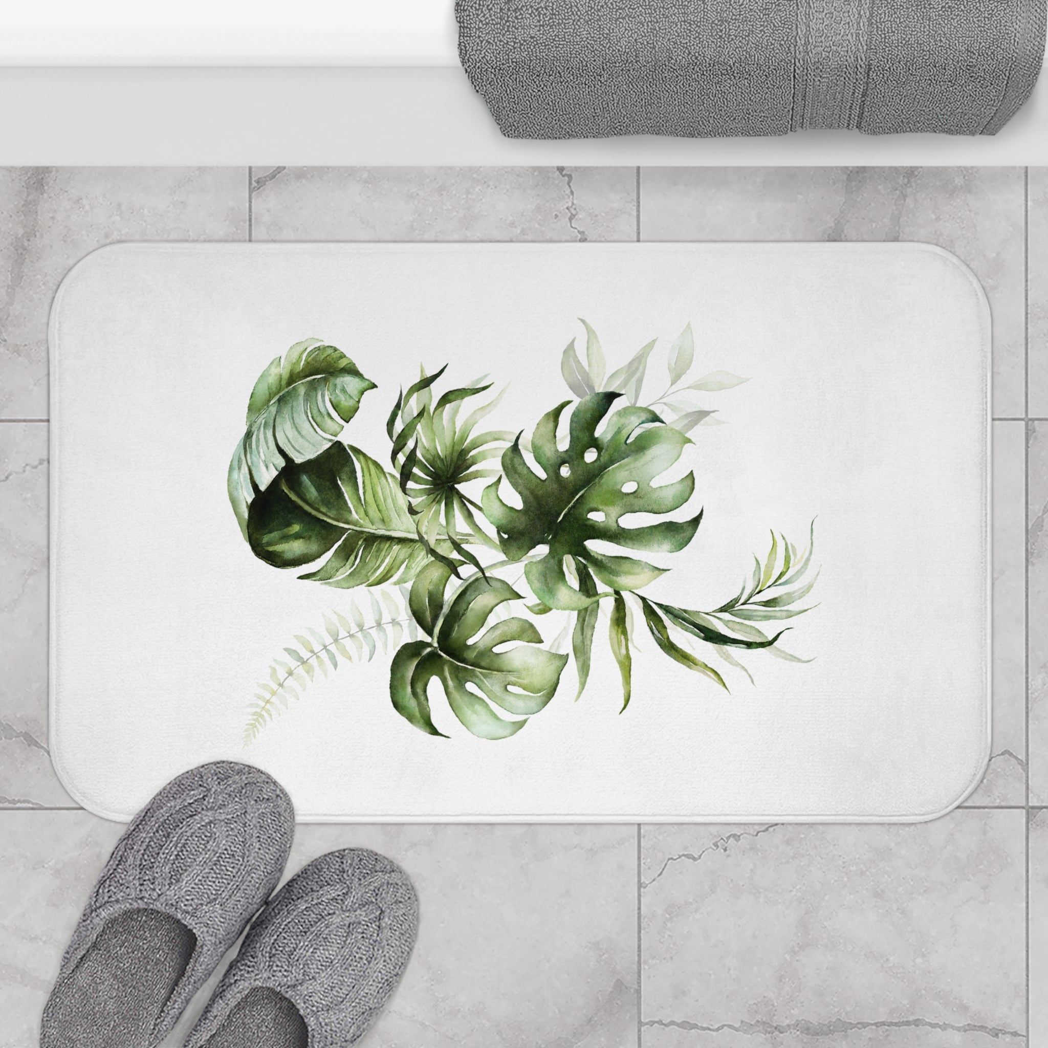 Floral Bath Mat | Green White Monstera Tropical Kitchen Mat
