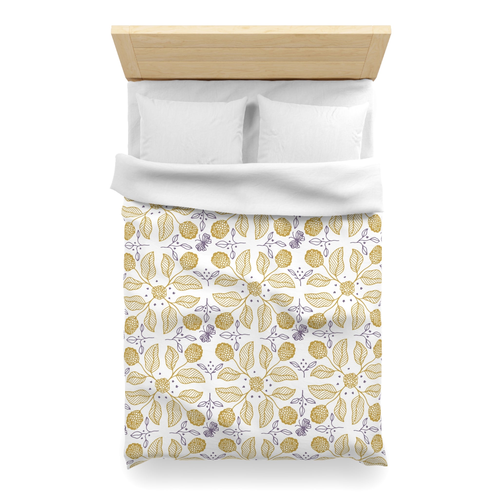 a neatly made bed with a white comforter and a patterned bedspread featuring a floral design in shades of yellow and purple.