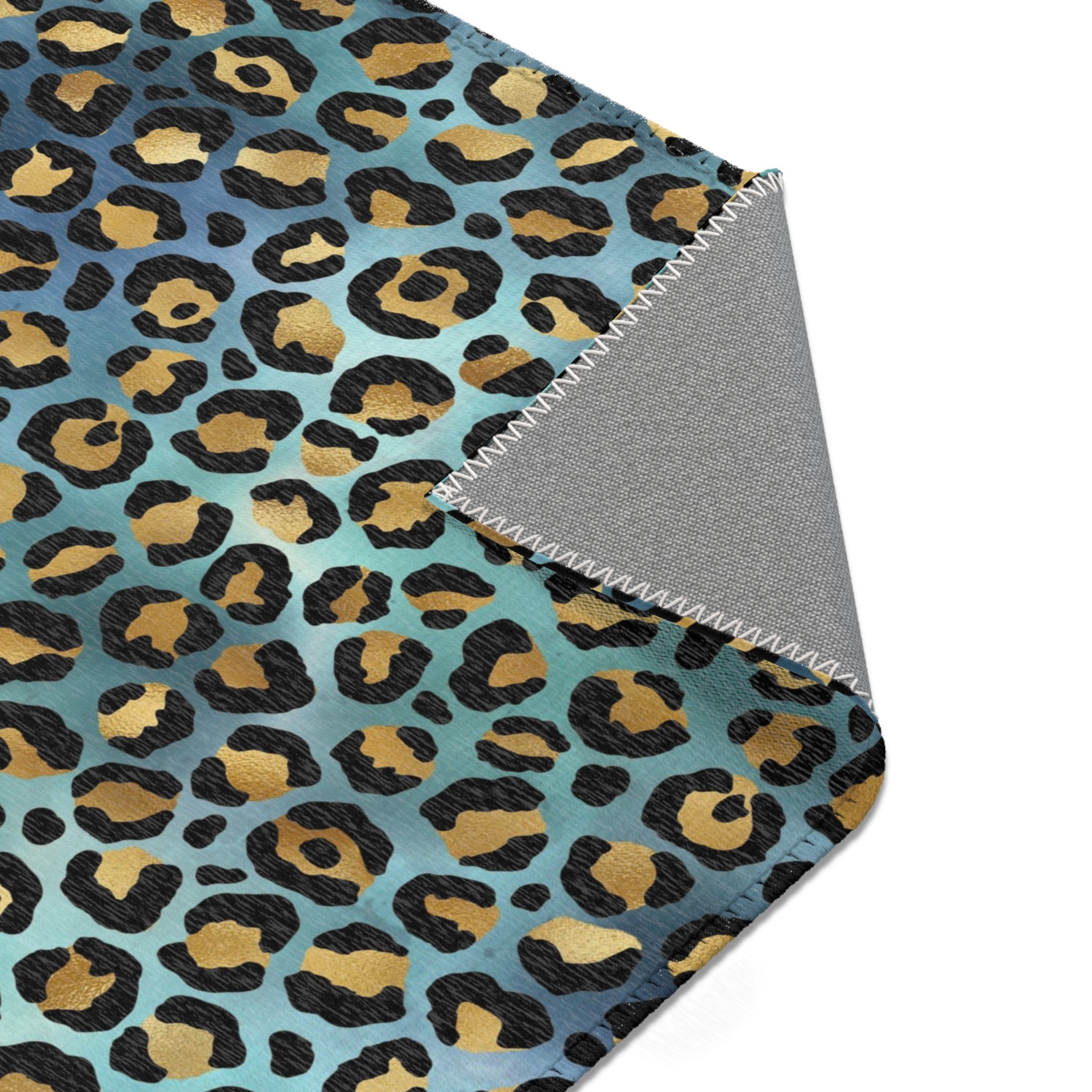 Blue Large Area Rug | Gold Beige, Teal Green Animal Print