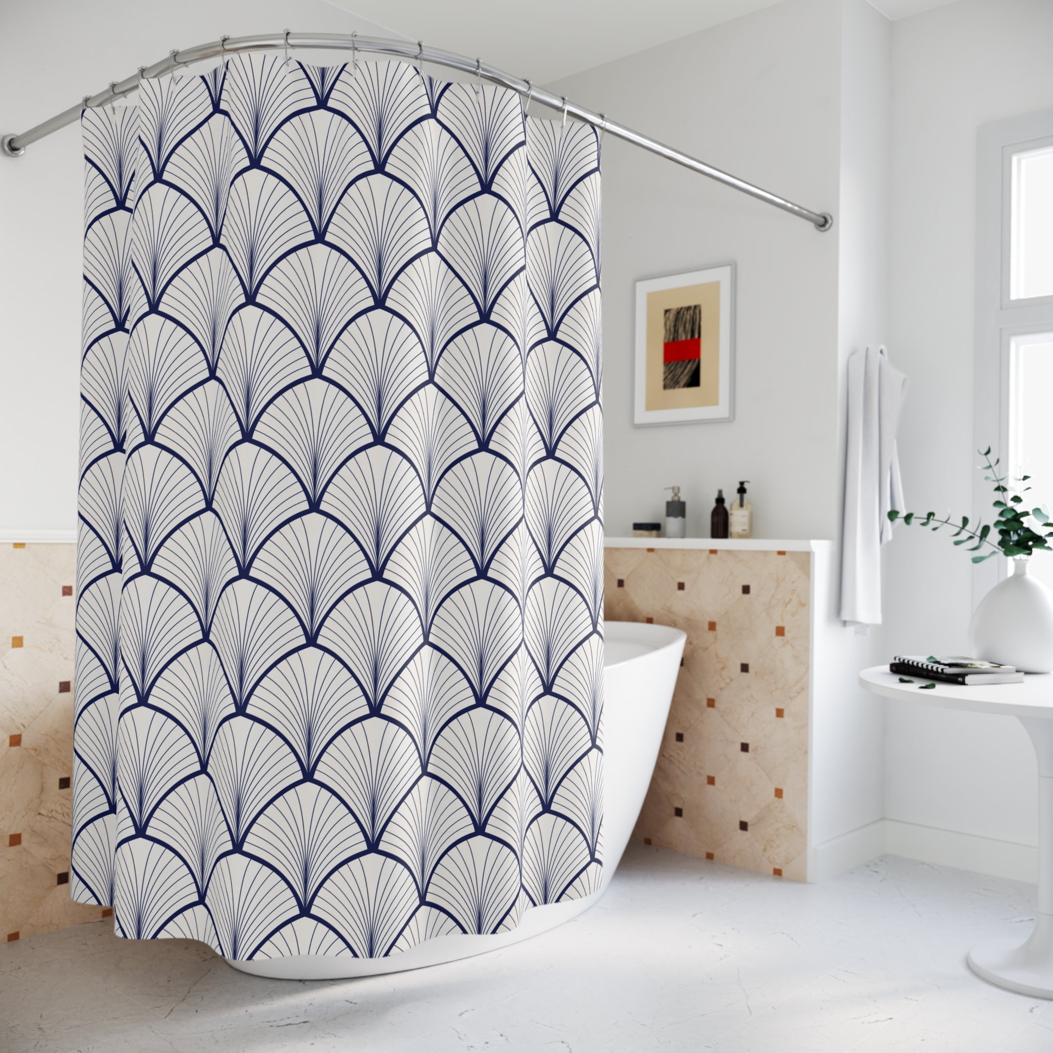 Art Deco Shower Curtain | Blue White Art Nouveau Fan