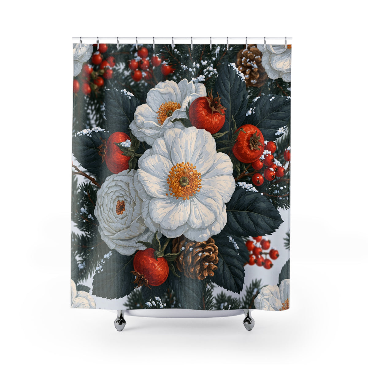 White Rose Winter Floral Shower Curtain, Bath Curtain 71x74