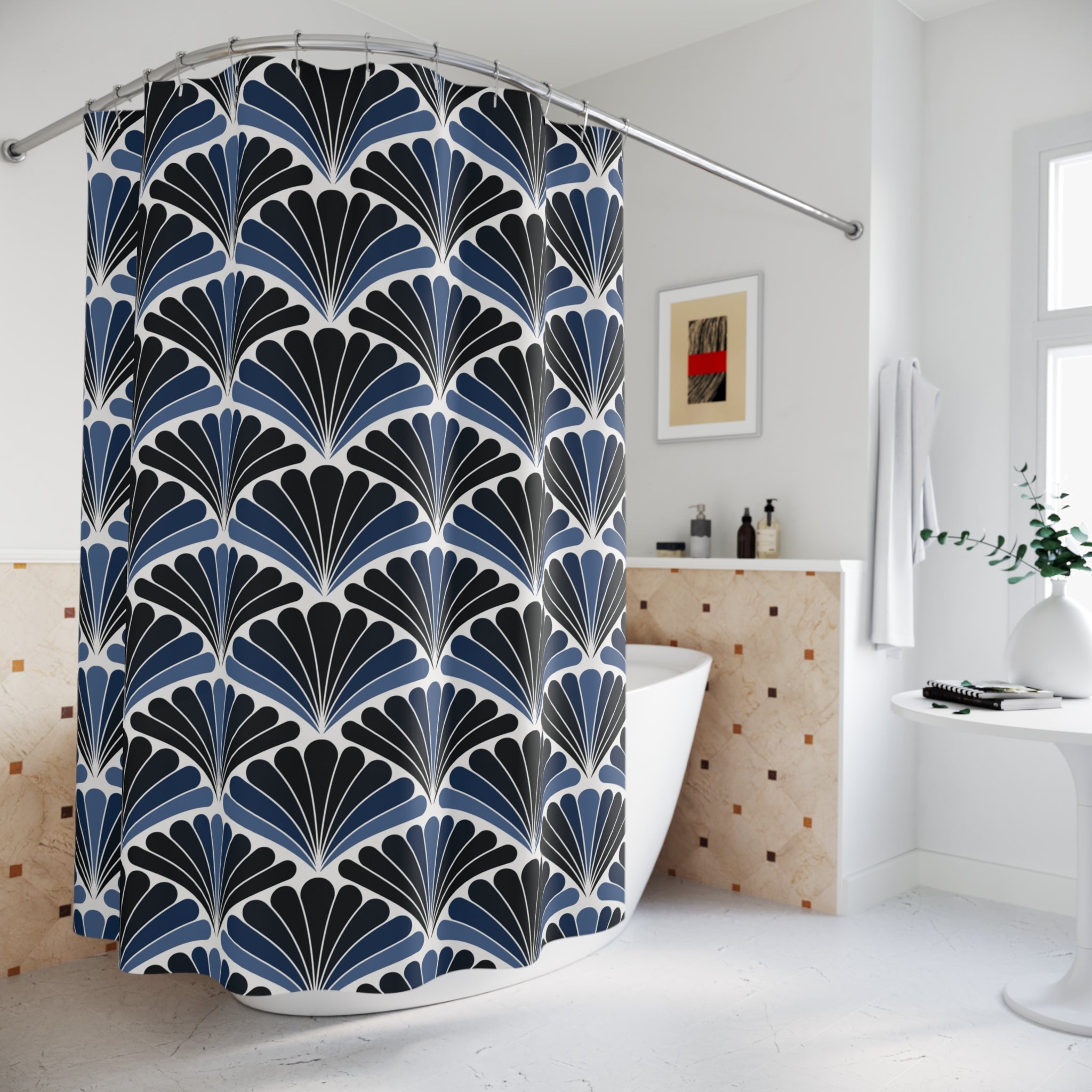 Art Deco Shower Curtain | Navy Blue White Fan Bathroom Decor
