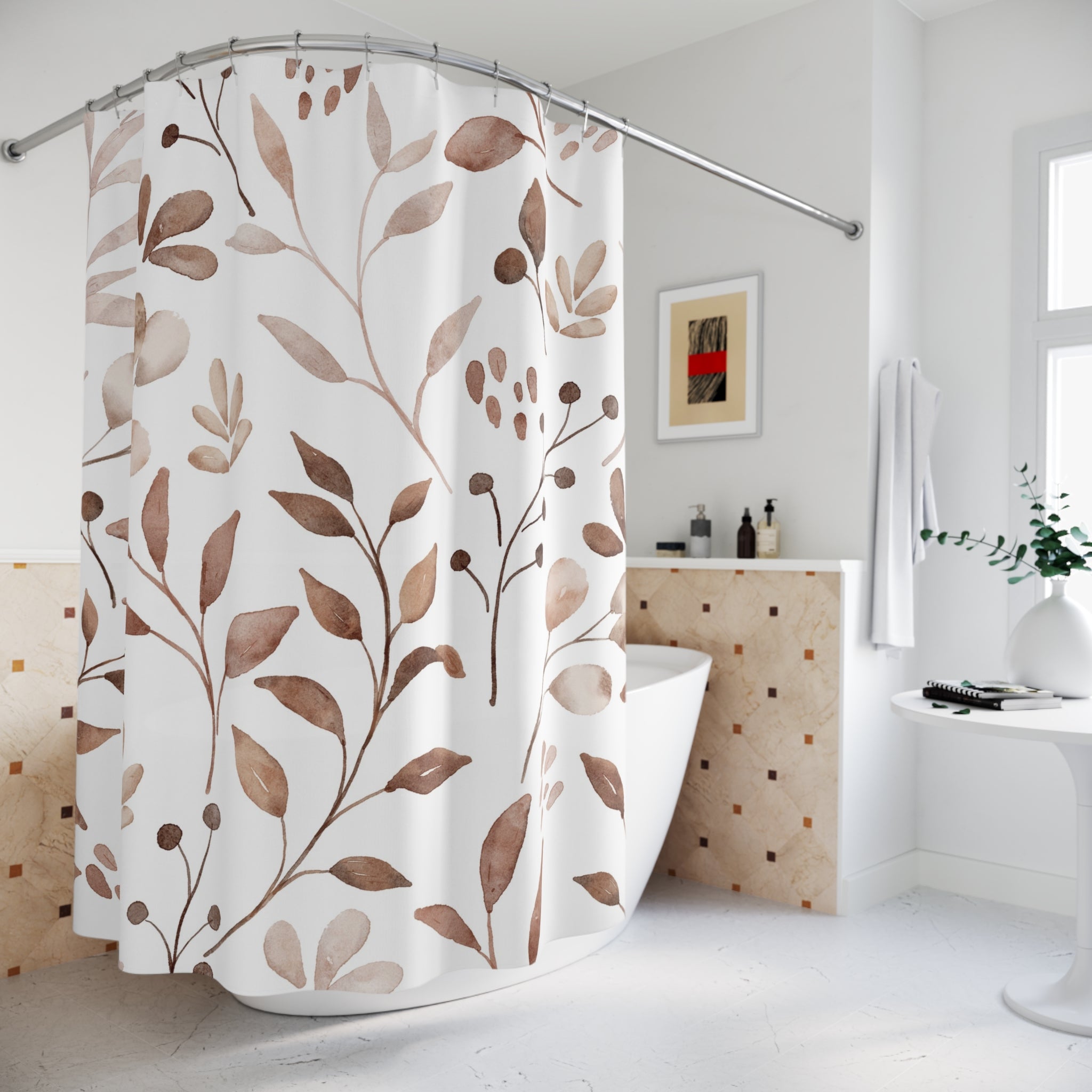 Boho Floral Shower Curtain | Beige White Leaves