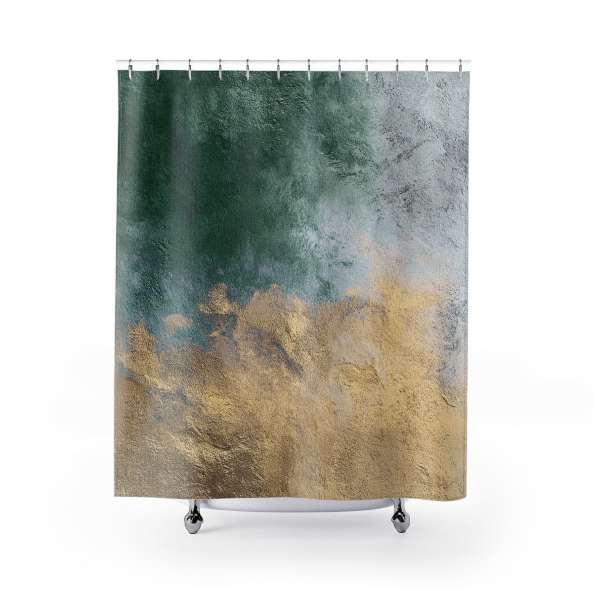 a shower curtain with a textured design in shades of green, gold, and gray.