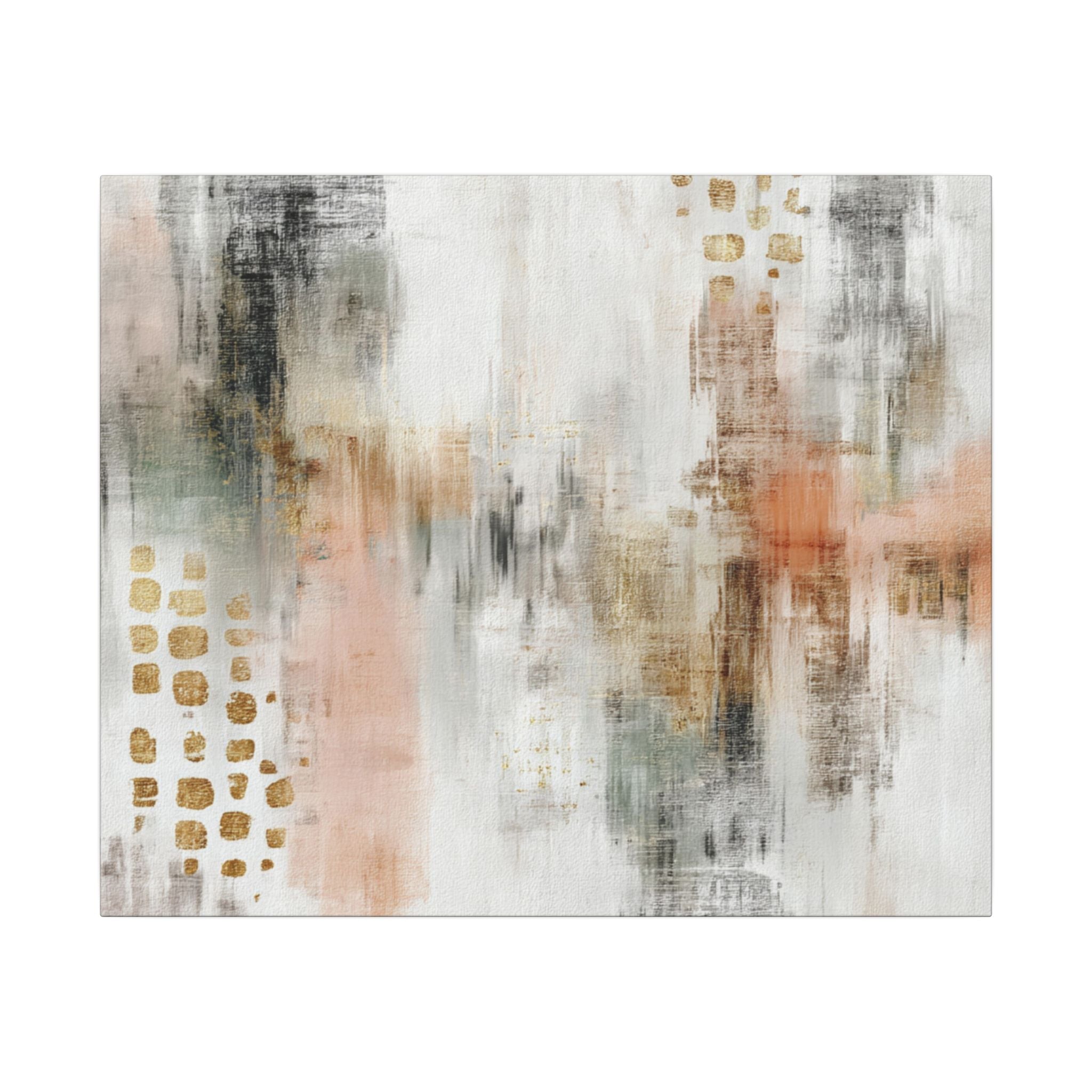 The image is an abstract painting with a mix of colors and textures, including shades of white, gray, and orange. The painting features a variety of brushstrokes and patterns, creating a dynamic and visually interesting composition.