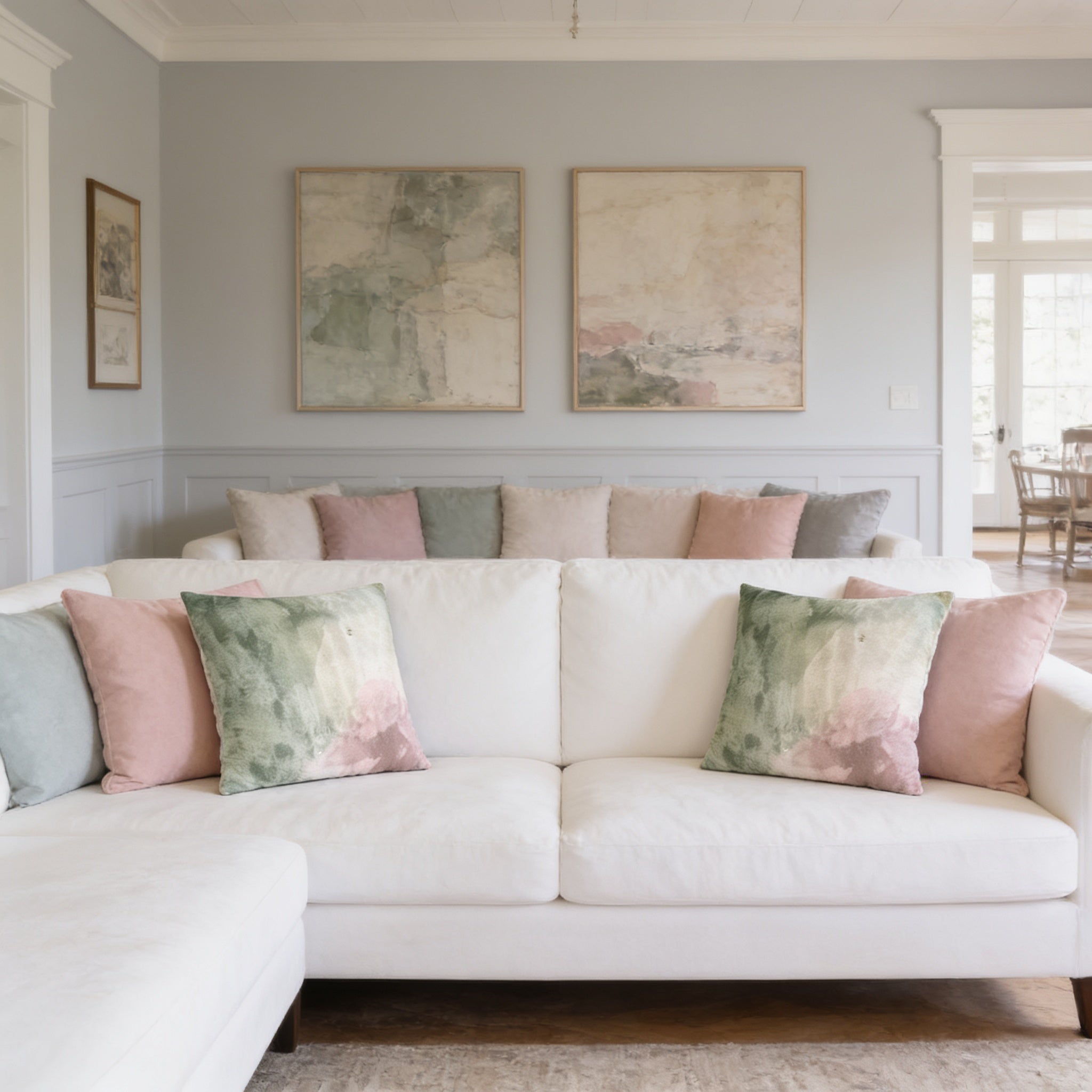 a cozy living room with a white sofa adorned with colorful throw pillows. The room has light blue walls and a wooden floor, creating a warm and inviting atmosphere. Two large paintings hang on the wall above the sofa, adding an artistic touch to the space.