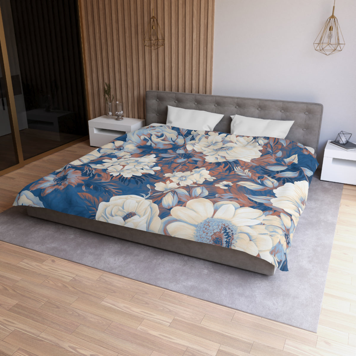 Cobalt Blue Vintage Floral Duvet Cover | Rust Cream Peony Rose Bedding