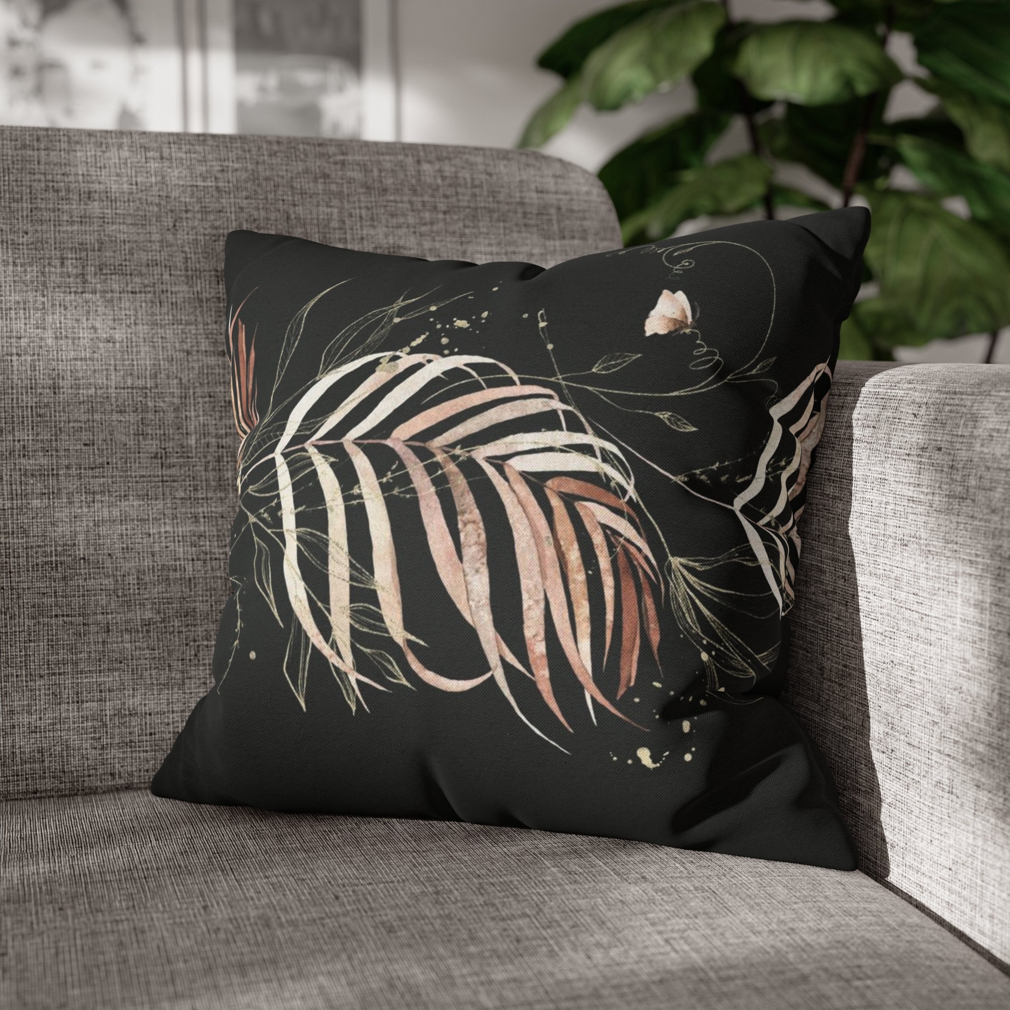 Black Floral Pillow Cover | Beige Leaves