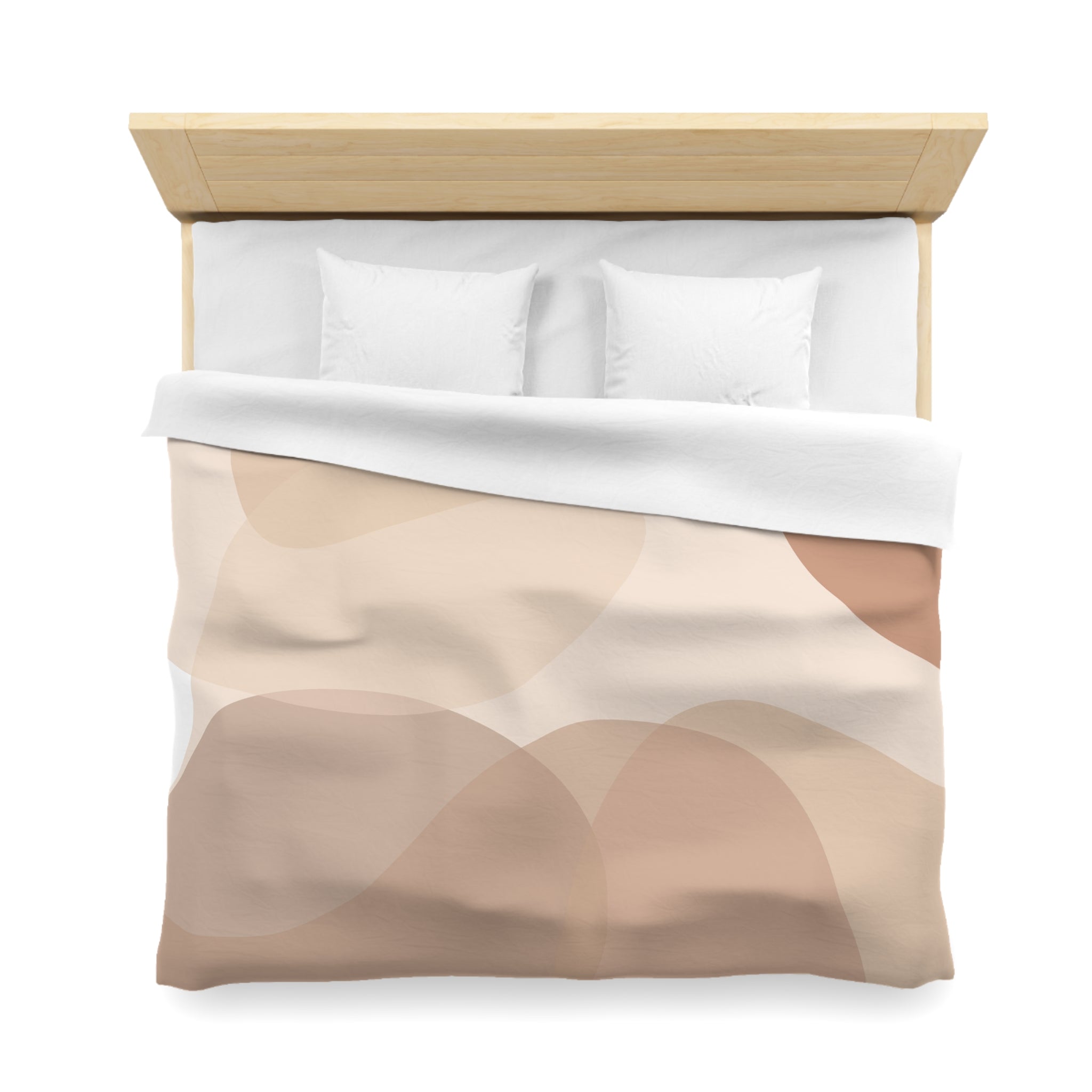A neatly made bed with a wooden headboard and a beige and brown patterned comforter.