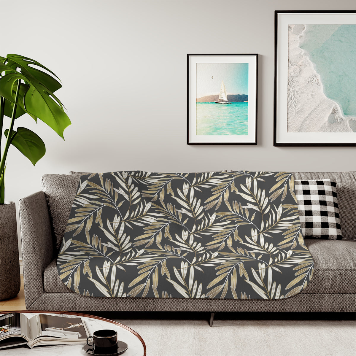 Charcoal Muted Gold Willow Leaf Sherpa Blanket | Elegant Throw