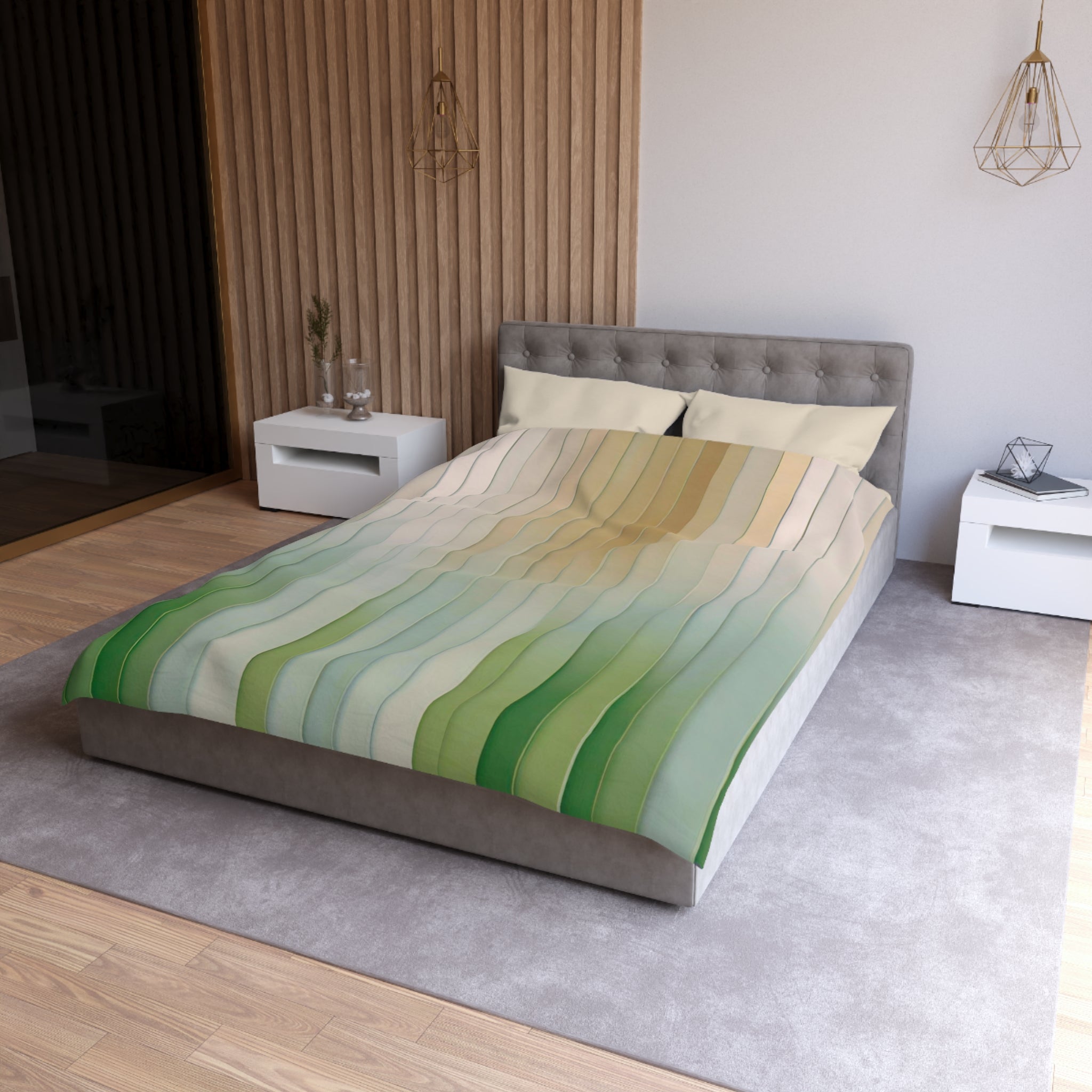 a modern bedroom with a large bed, a gray headboard, and a colorful striped comforter. The room has a neutral color scheme with a gray carpet and white furniture, creating a calm and serene atmosphere.